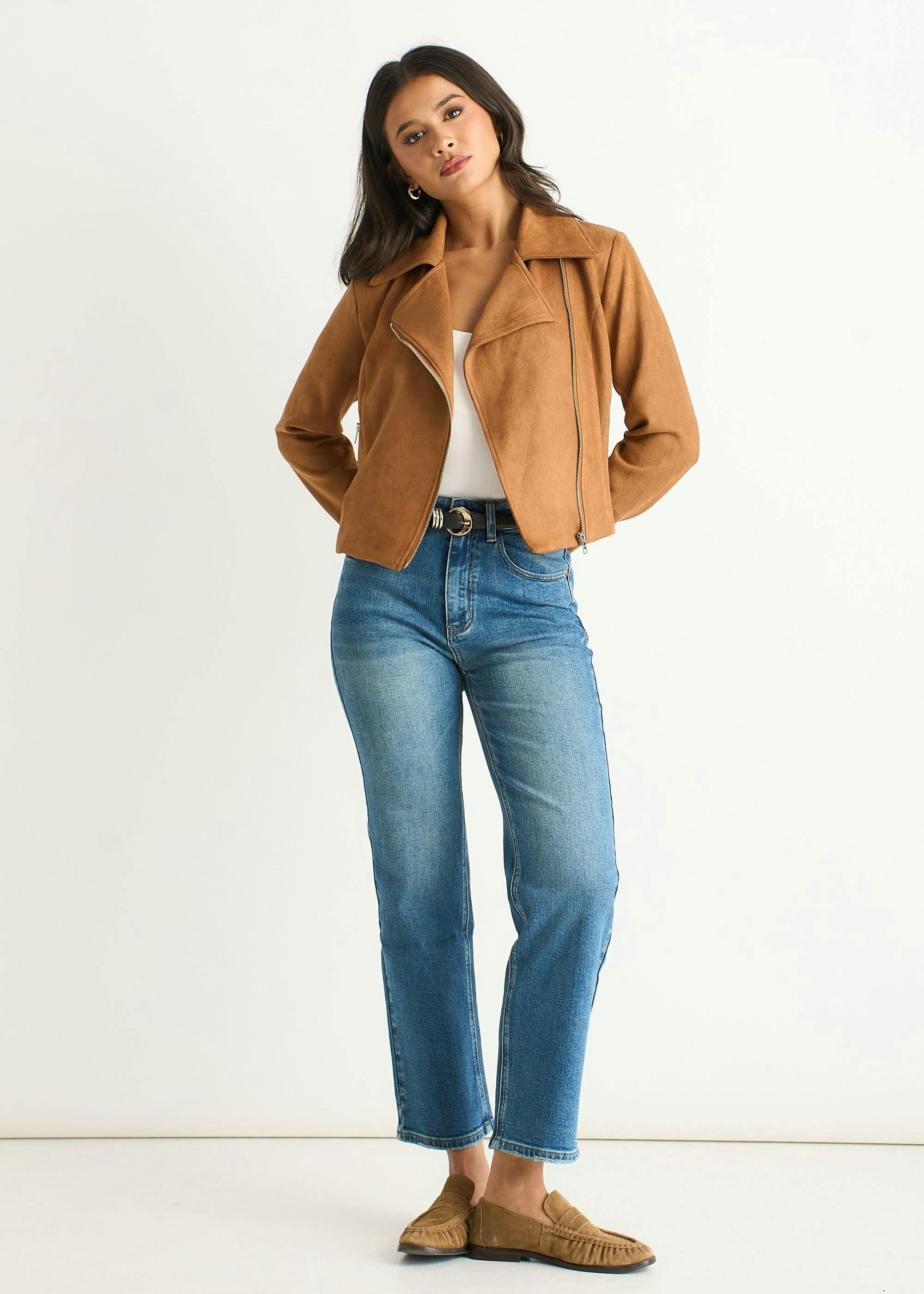 Brown Faux Suede Biker Jacket , view 2 of 4