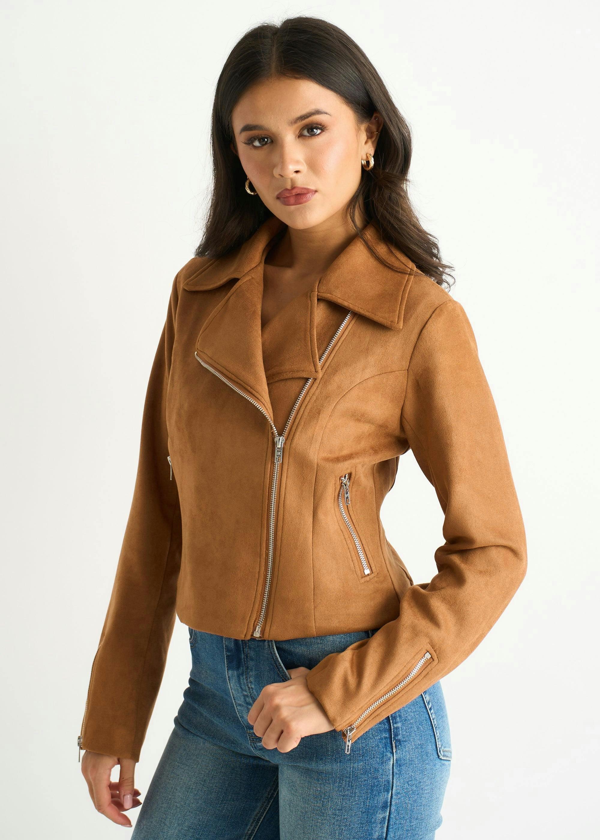 Brown Faux Suede Biker Jacket , view 3 of 4