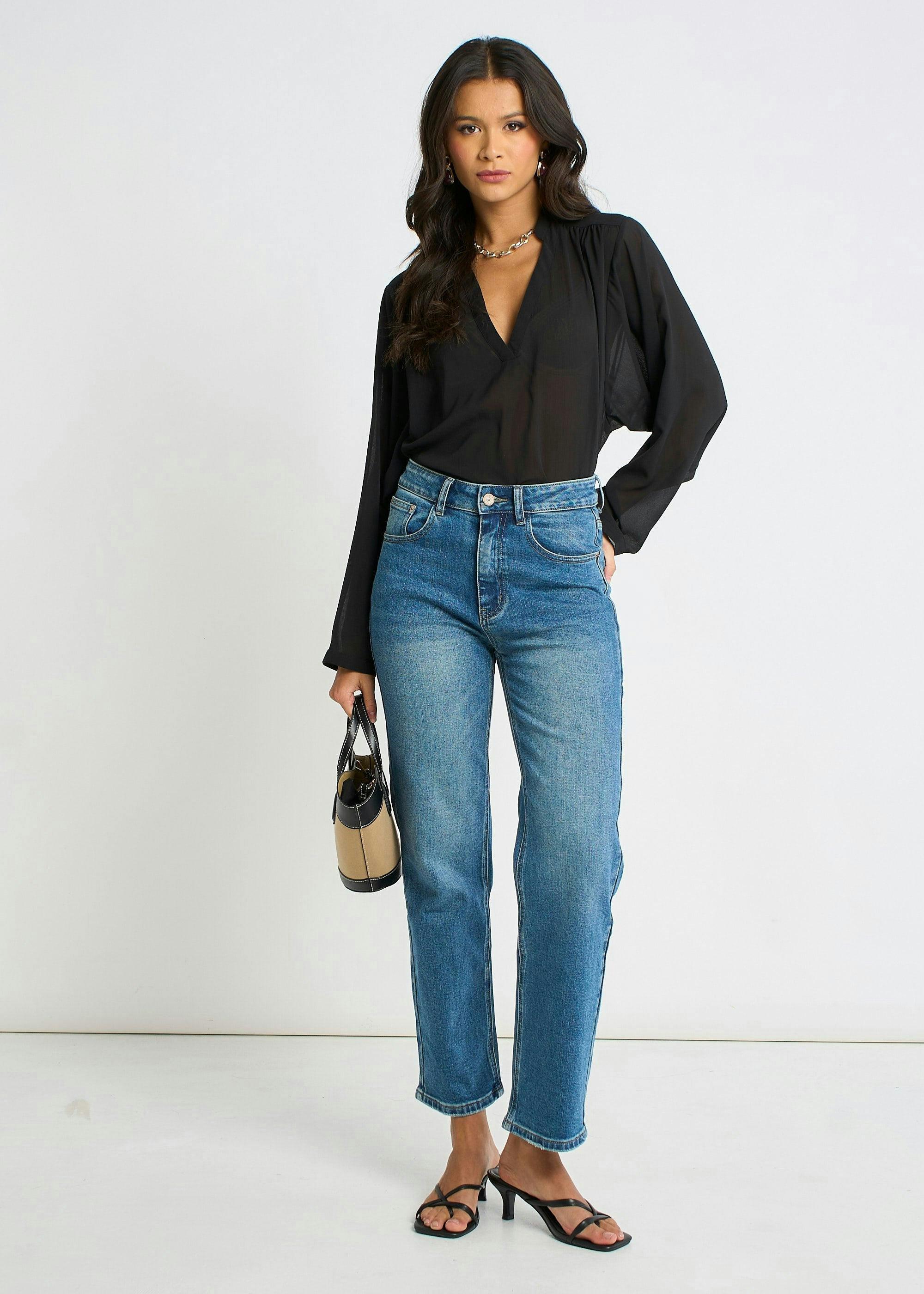 Black Textured Chiffon Oversized Blouse , view 2 of 4