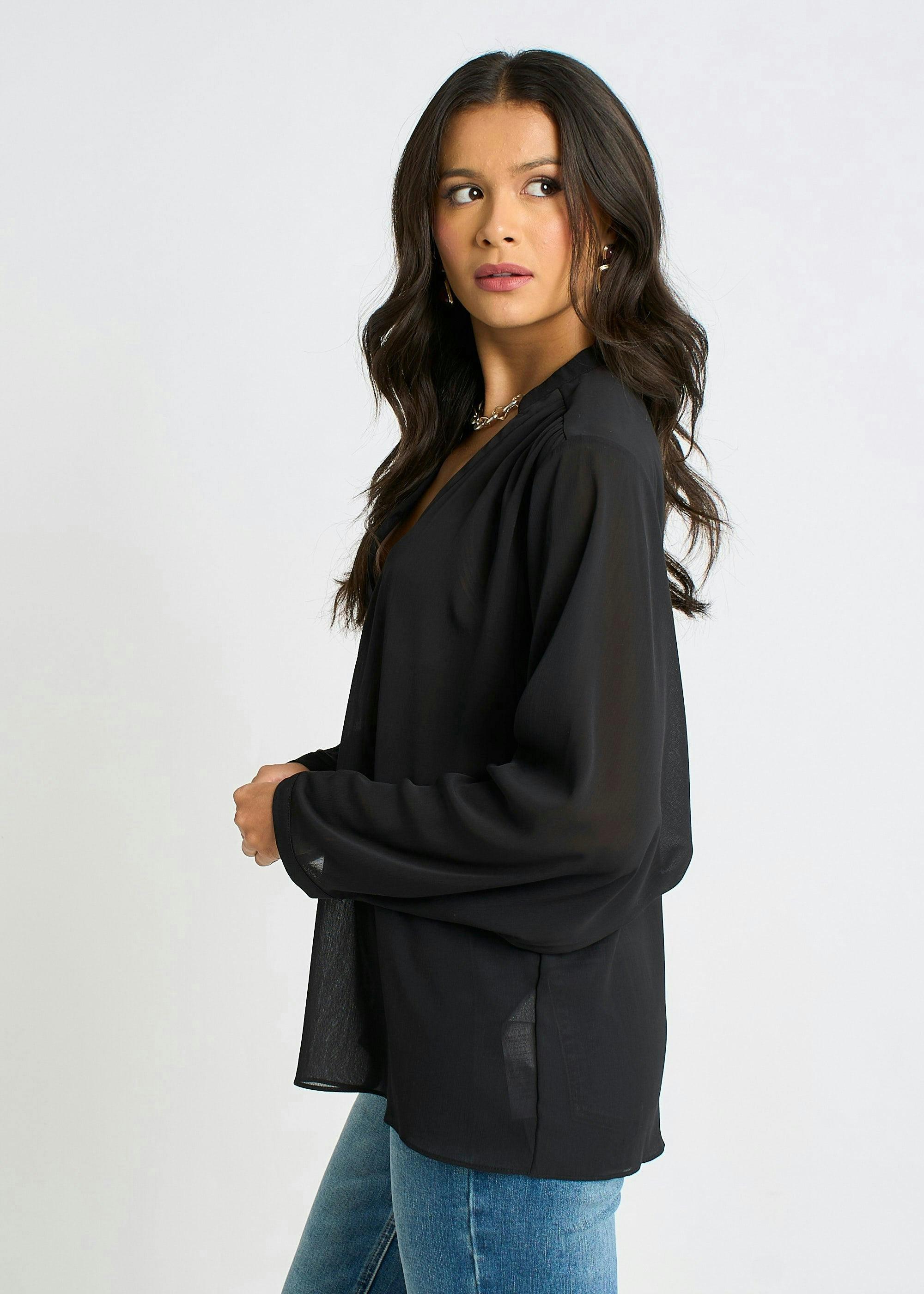 Black Textured Chiffon Oversized Blouse , view 3 of 4