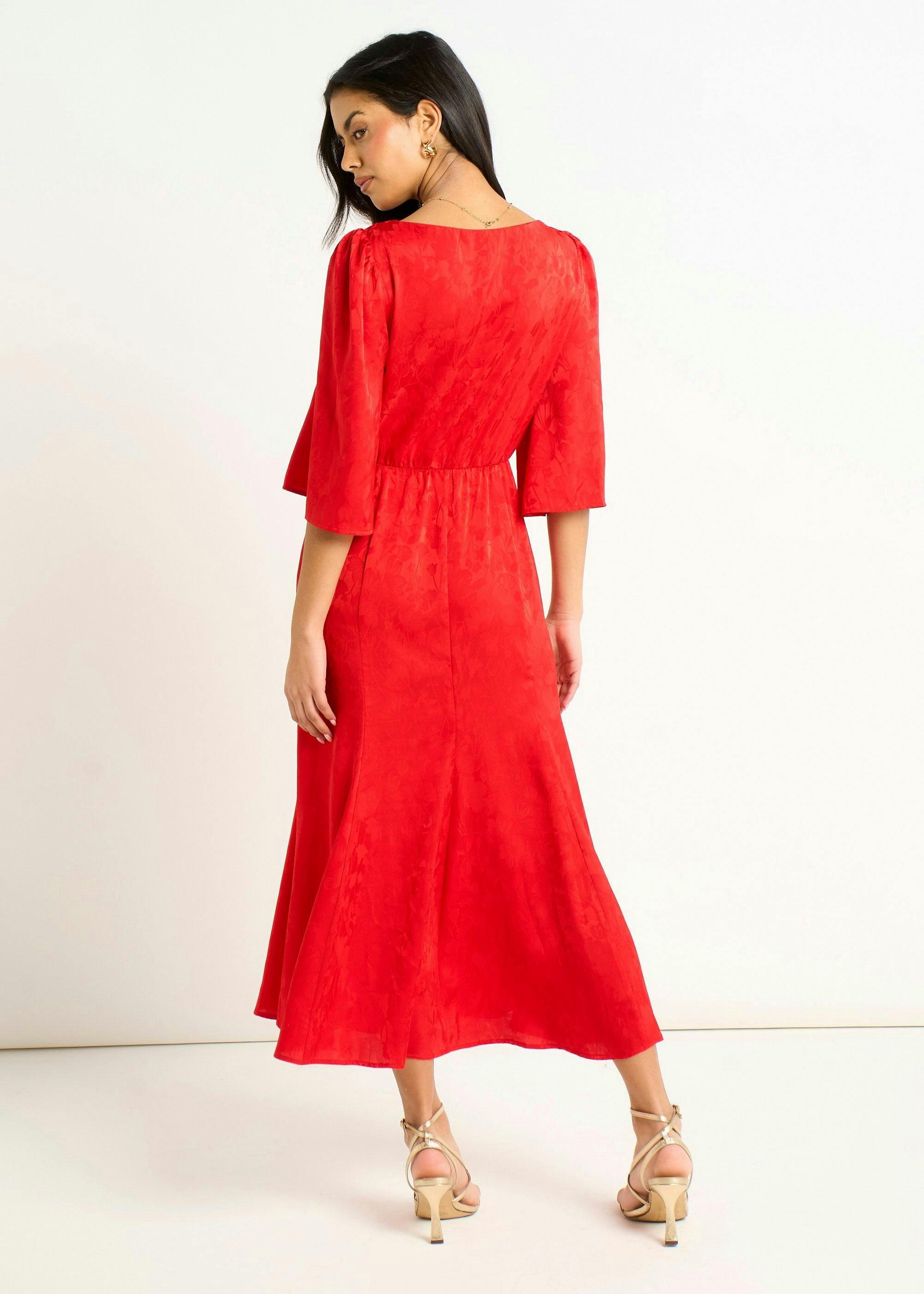 Red Satin Jacquard Midi Dress , view 2 of 4