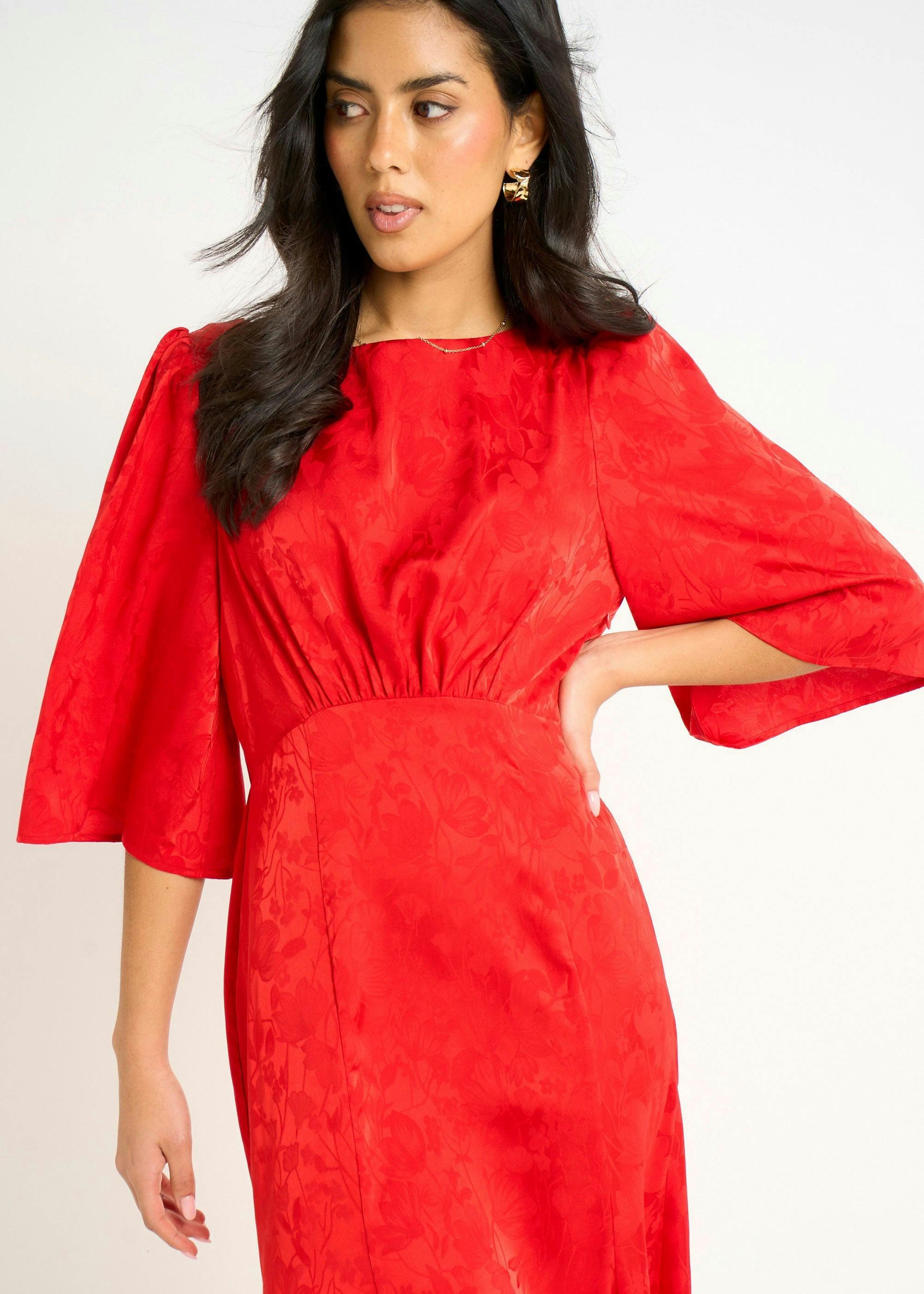 Red Satin Jacquard Midi Dress , view 3 of 4