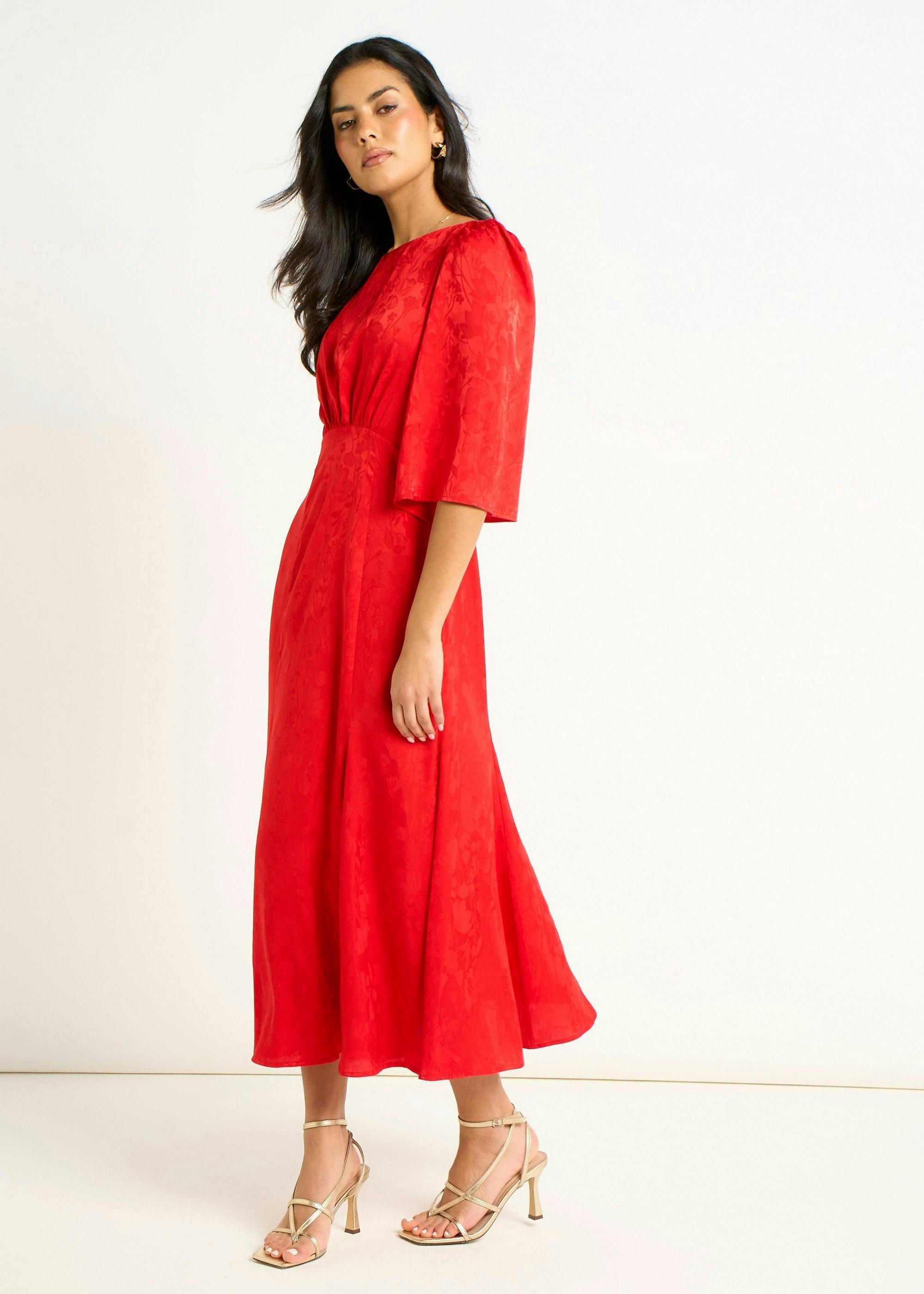 Red Satin Jacquard Midi Dress , view 4 of 4