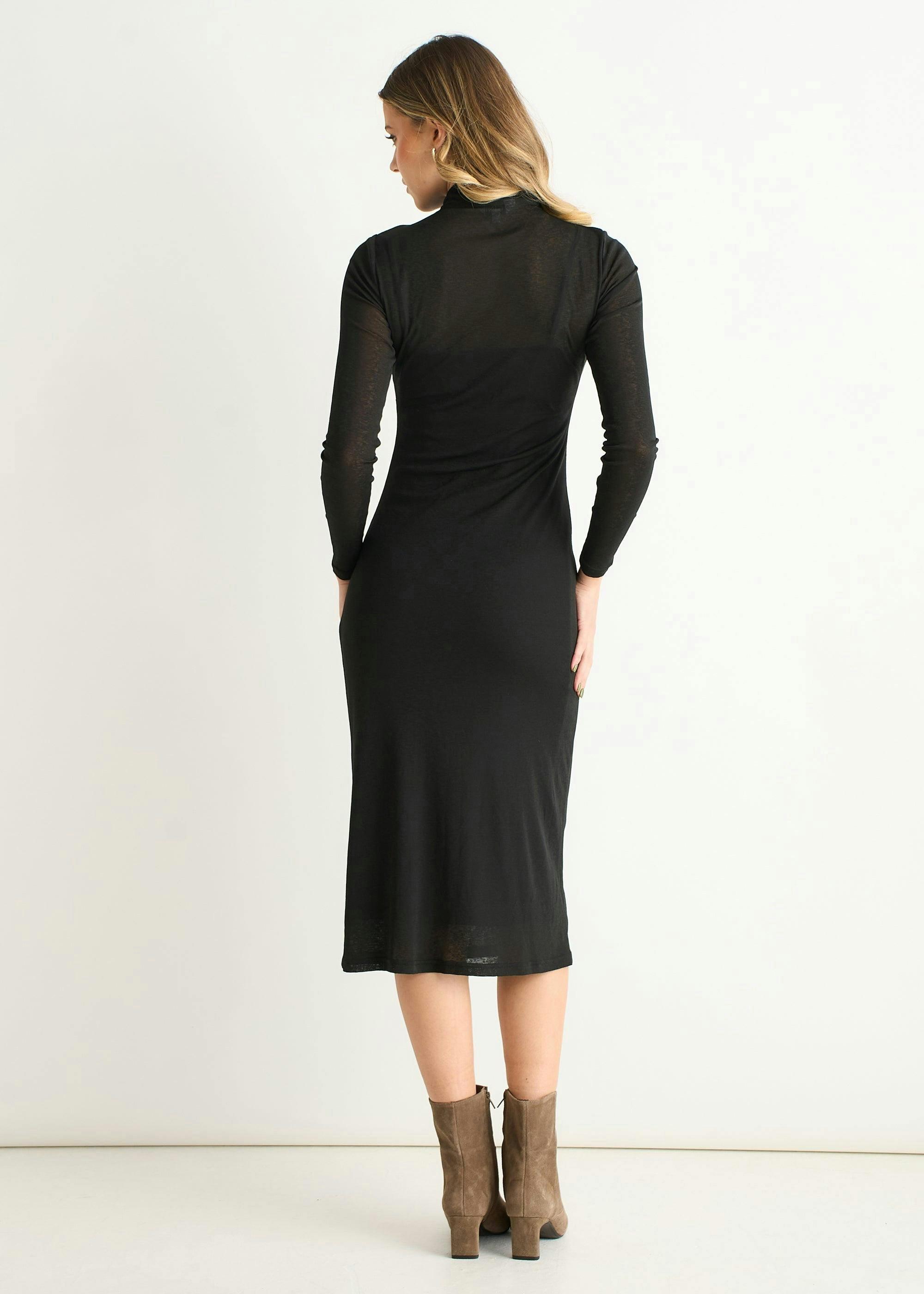 Black Ruched Jersey Long Sleeve Midi Dress , view 2 of 5