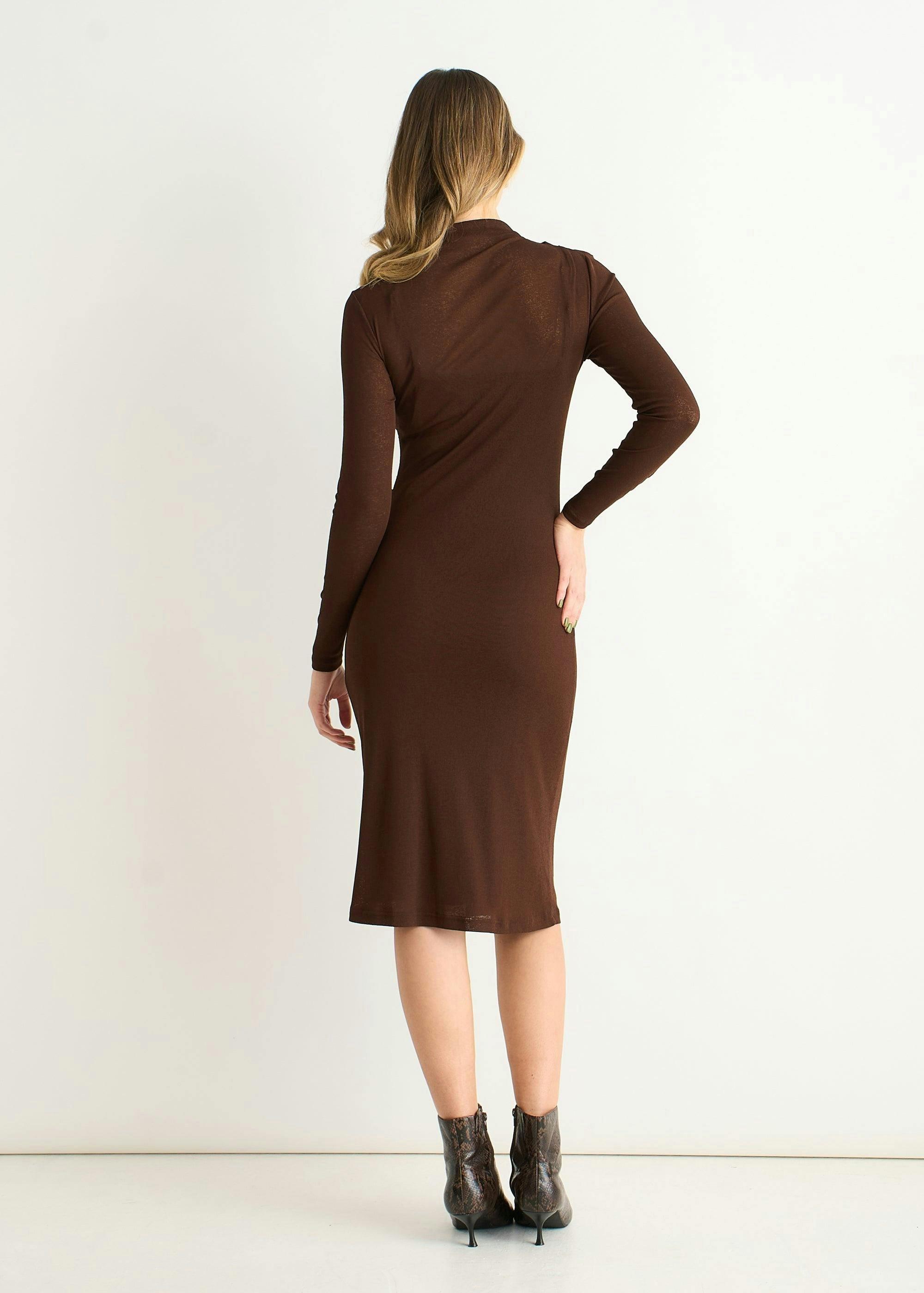 Chocolate Ruched Jersey Long Sleeve Midi Dress , view 2 of 5