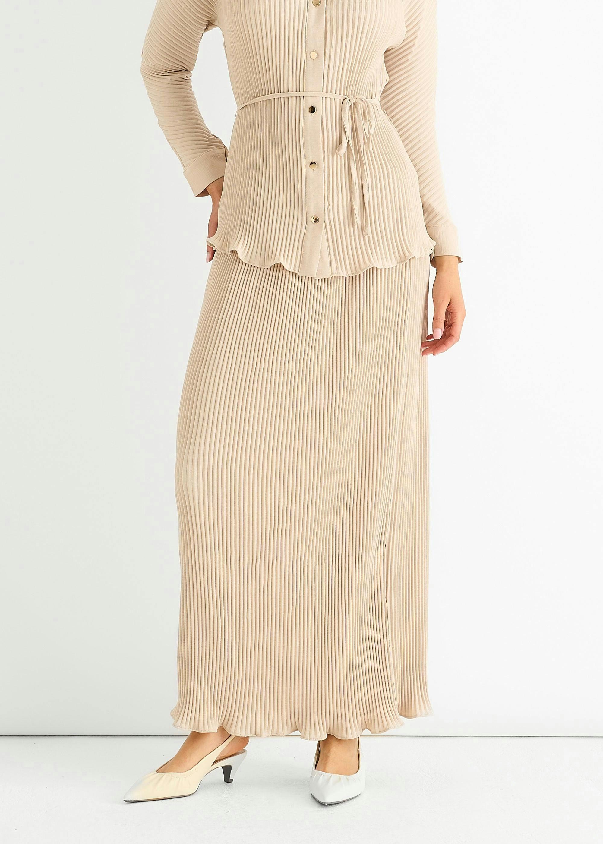 Beige Plisse Elasticated Waist Maxi Skirt , view 2 of 4