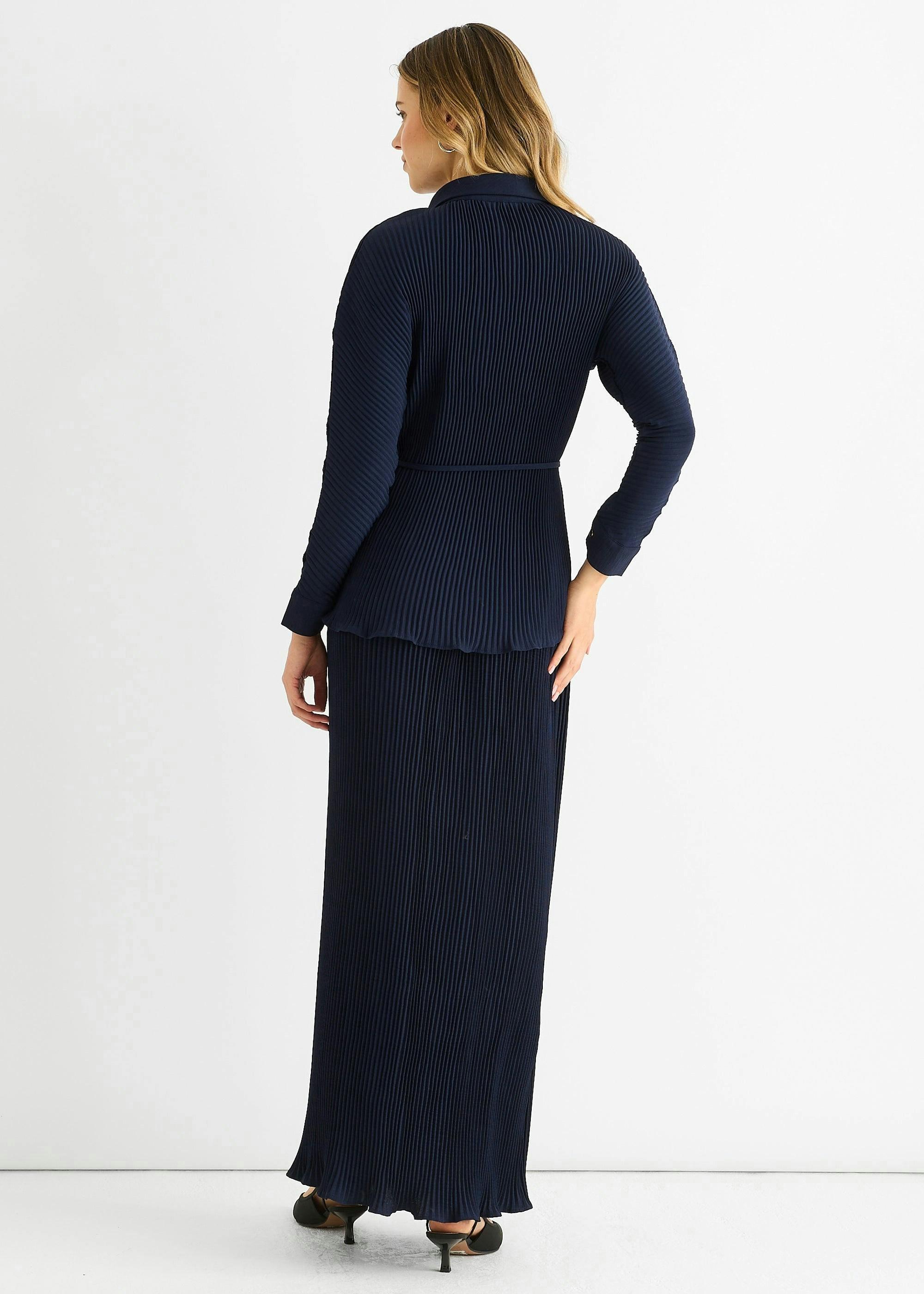 Navy Plisse Elasticated Waist Maxi Skirt , view 4 of 4