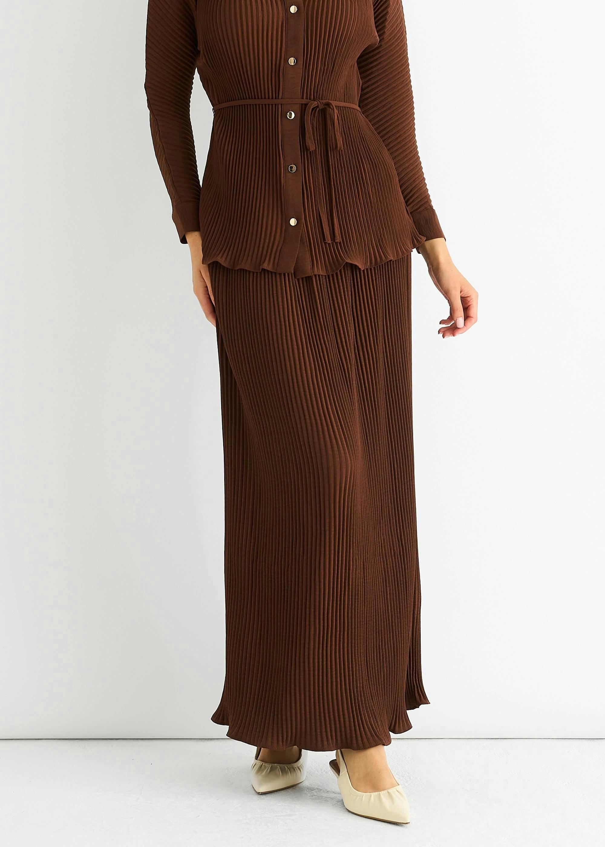 Chocolate Plisse Elasticated Waist Maxi Skirt , view 2 of 4
