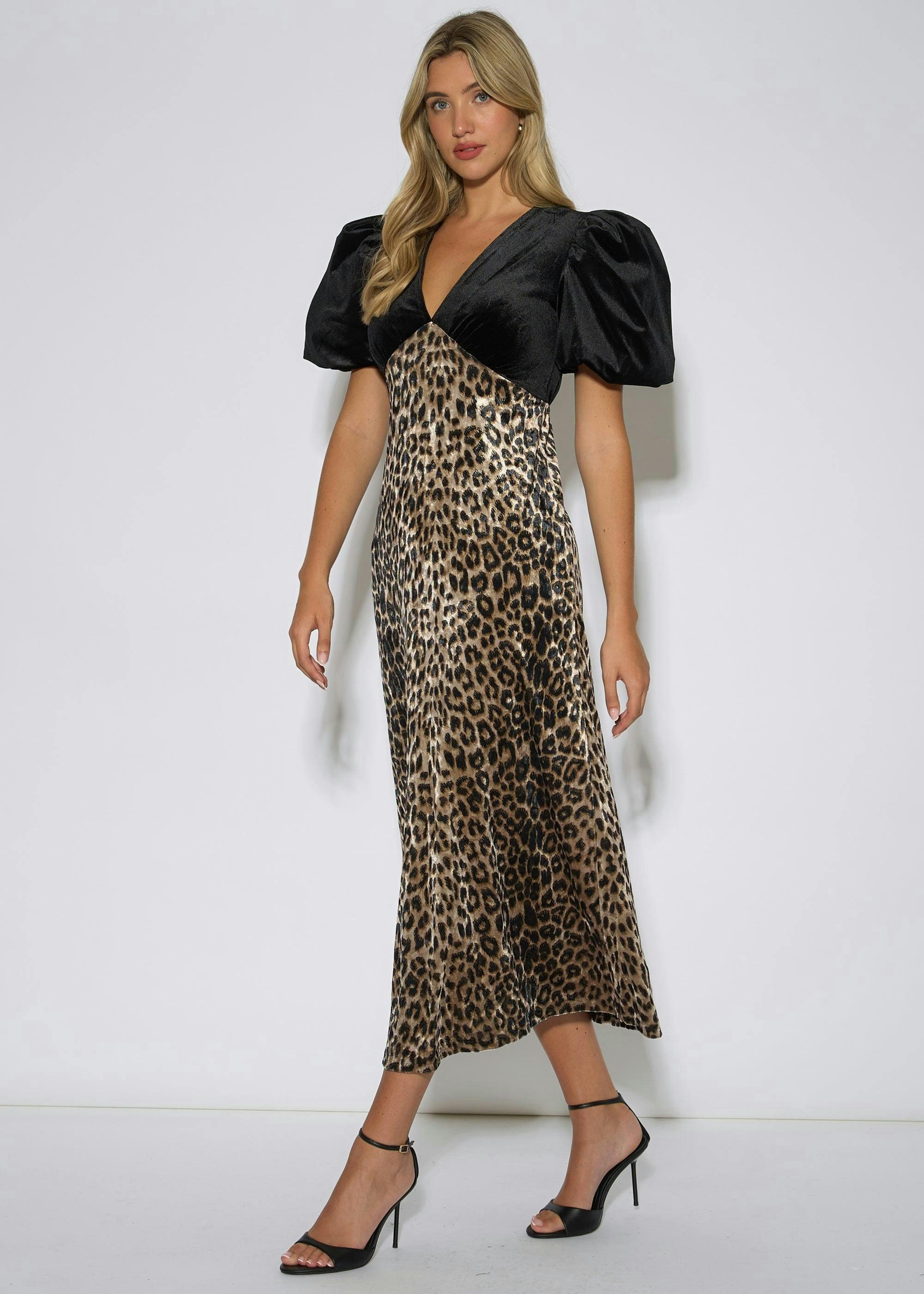 Black Animal Velvet Contrast Top Occasion Midi Dress , view 4 of 4