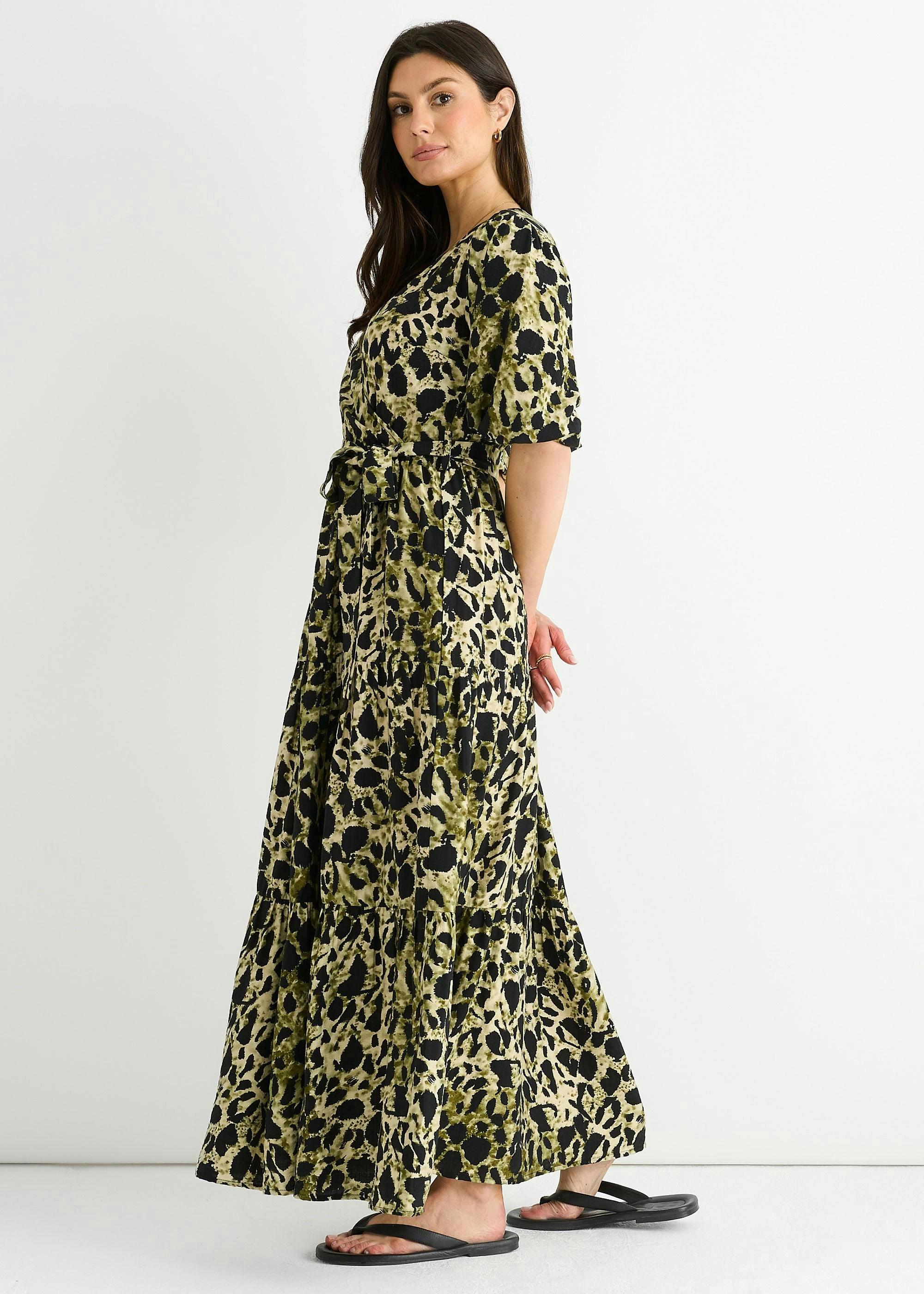 Green Animal Print Wrap Skater Maxi Dress , view 4 of 4