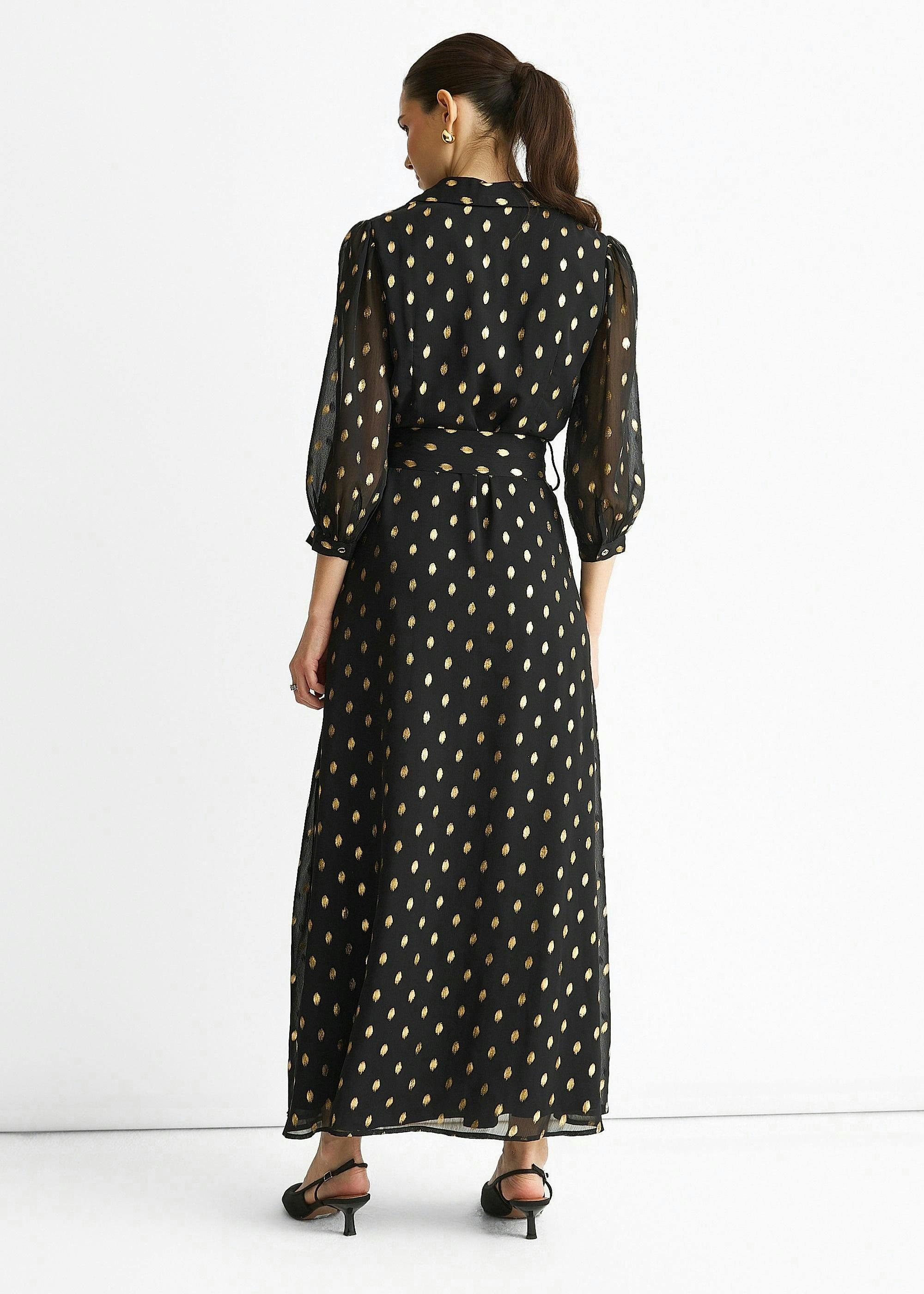 Black Chiffon Foil Belted Maxi Shirt Dress , view 2 of 4