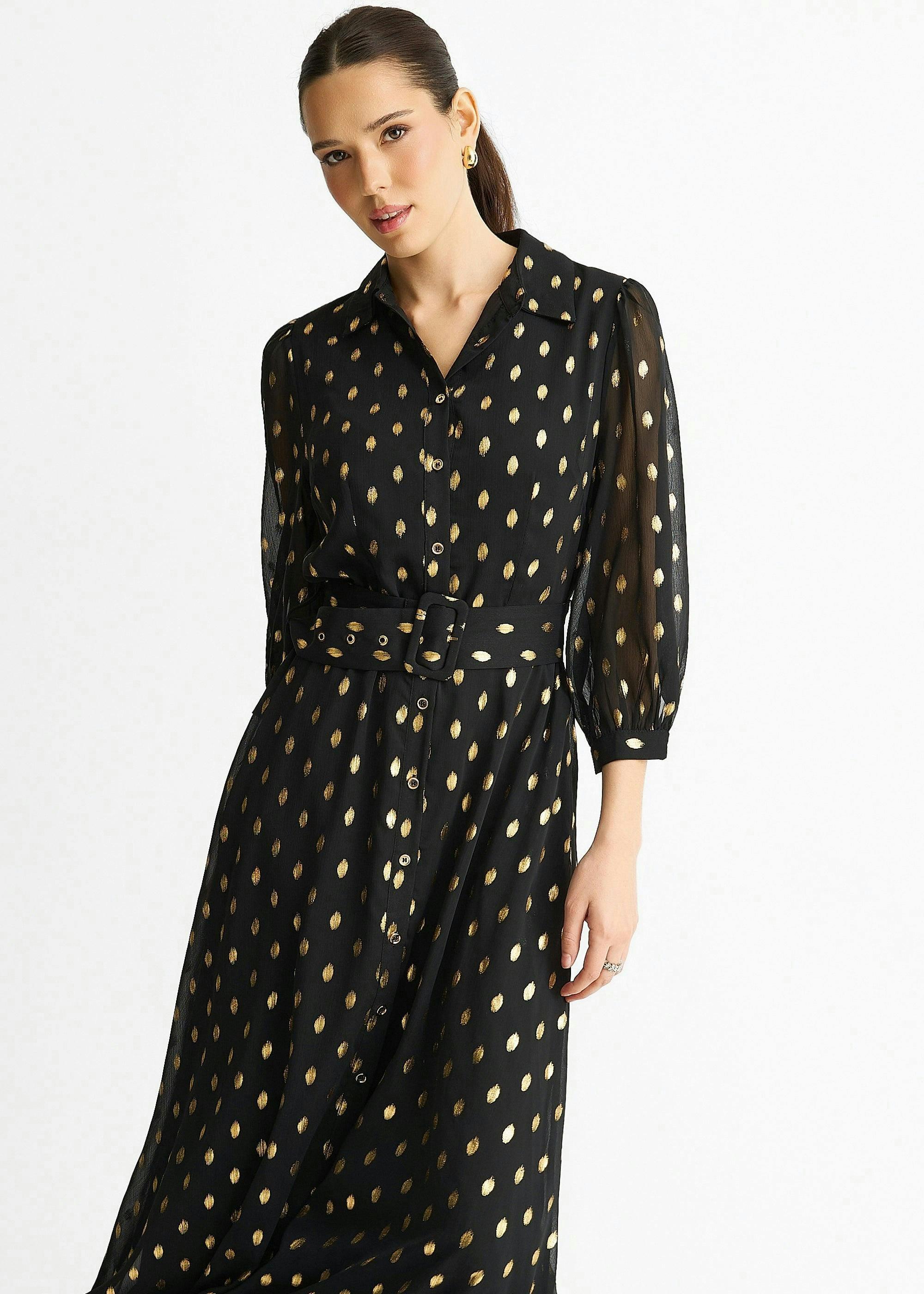 Black Chiffon Foil Belted Maxi Shirt Dress , view 3 of 4