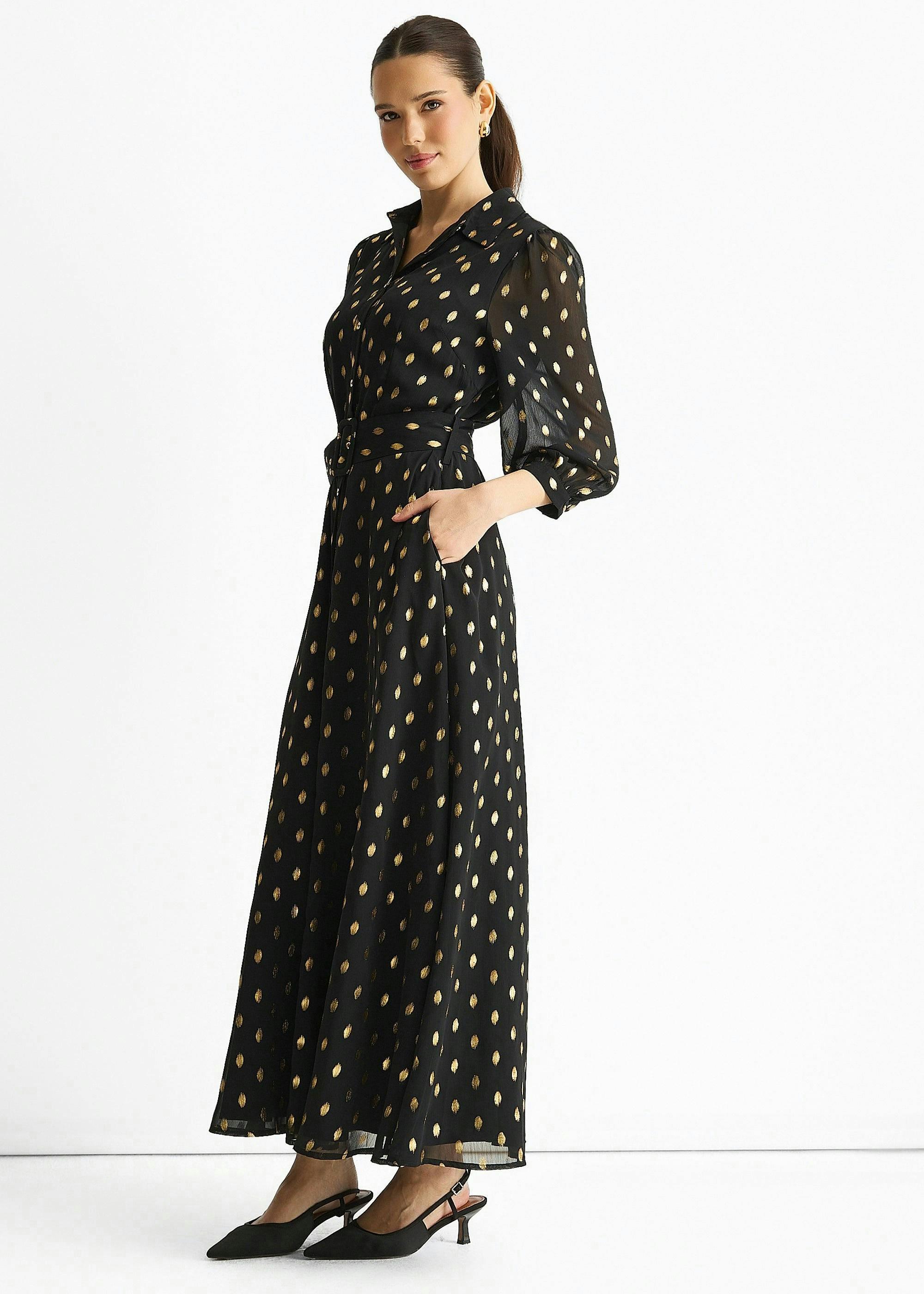 Black Chiffon Foil Belted Maxi Shirt Dress , view 4 of 4