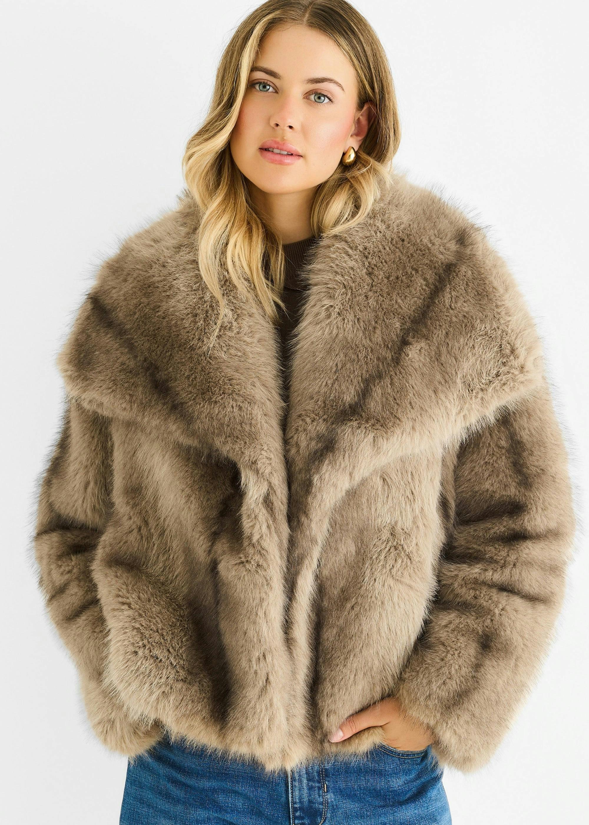 Camel Ombre Lapel Faux Fur Jacket , view 2 of 5