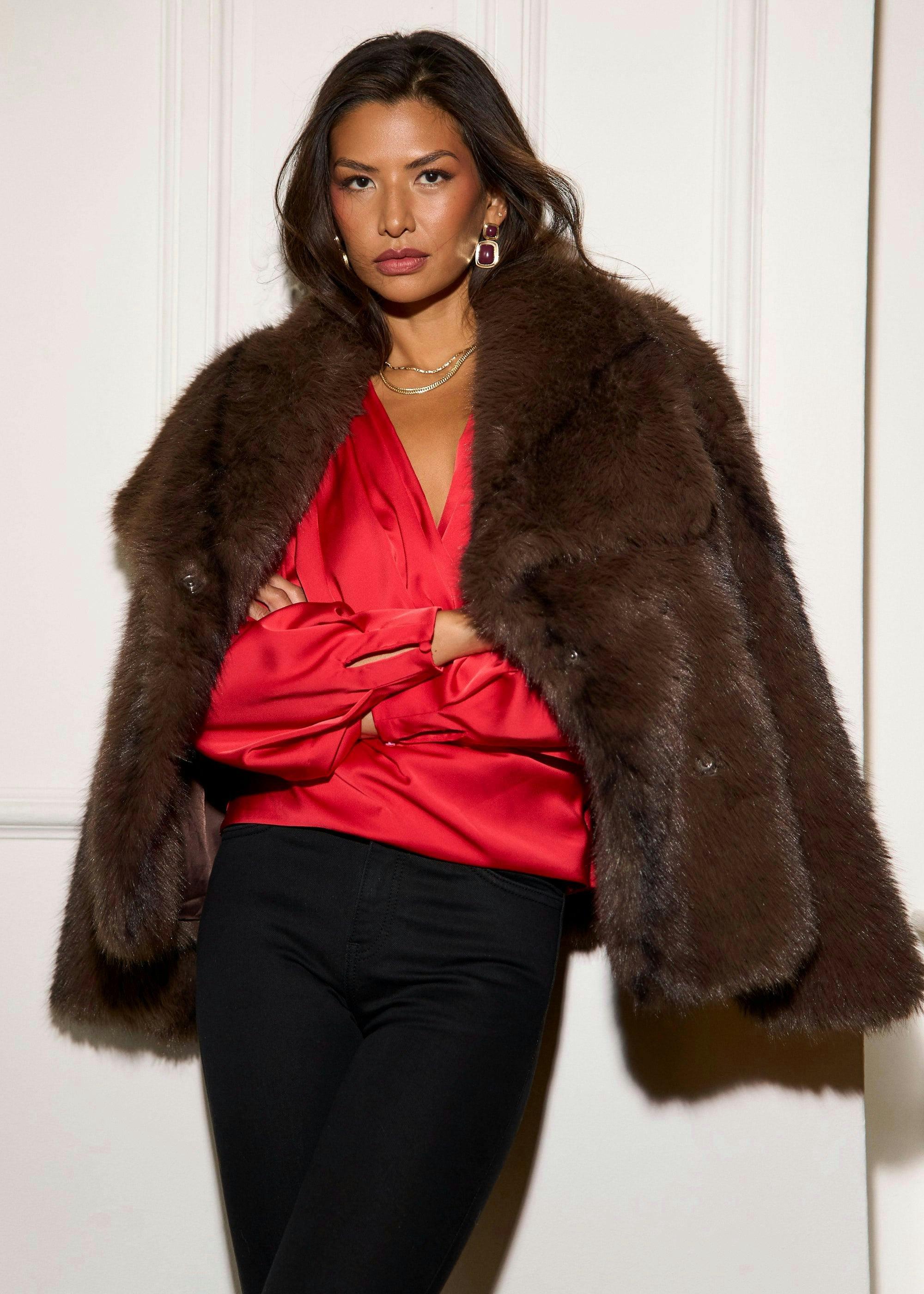 Coffee Ombre Lapel Faux Fur Jacket , view 2 of 6