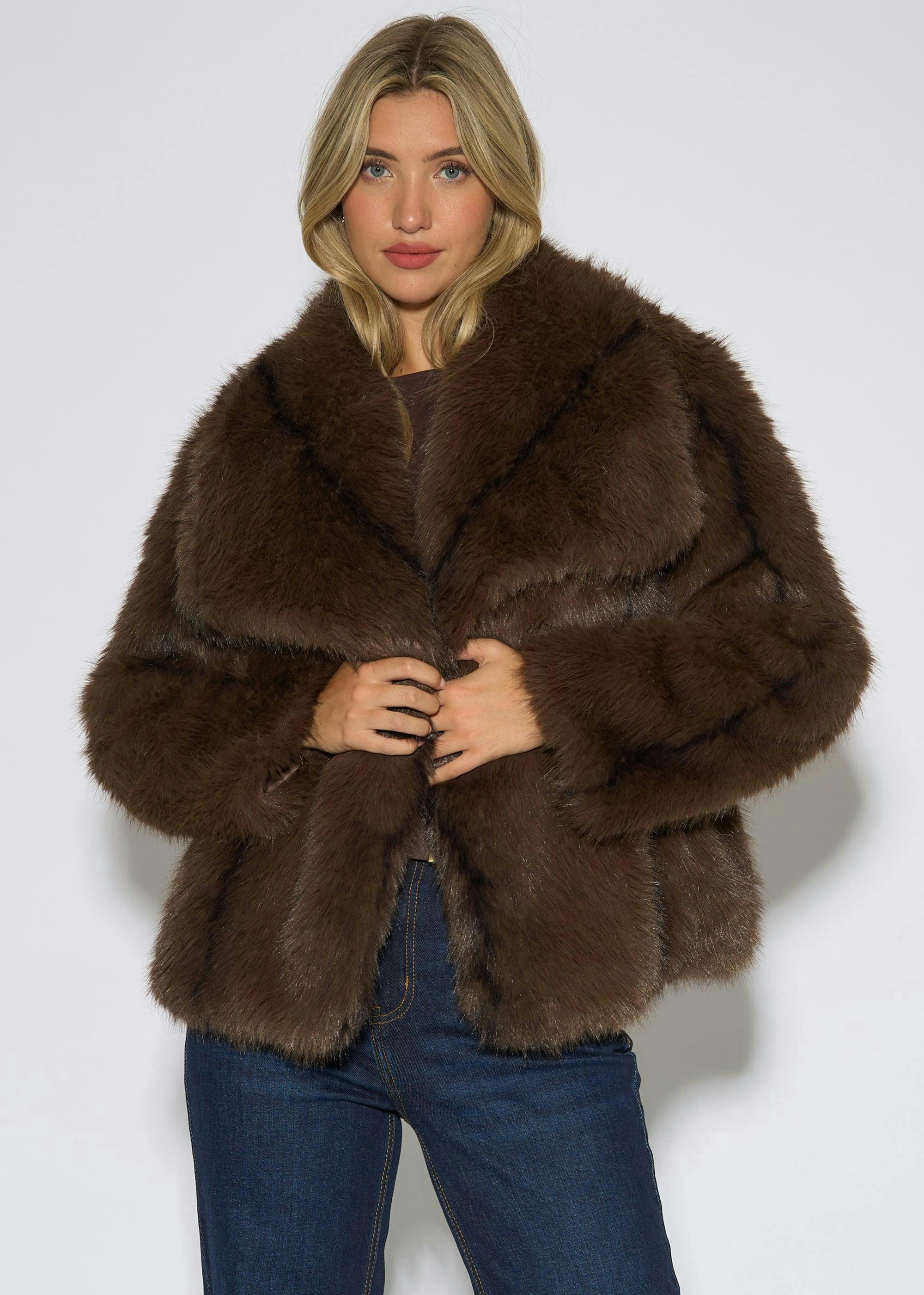 Coffee Ombre Lapel Faux Fur Jacket , view 3 of 6