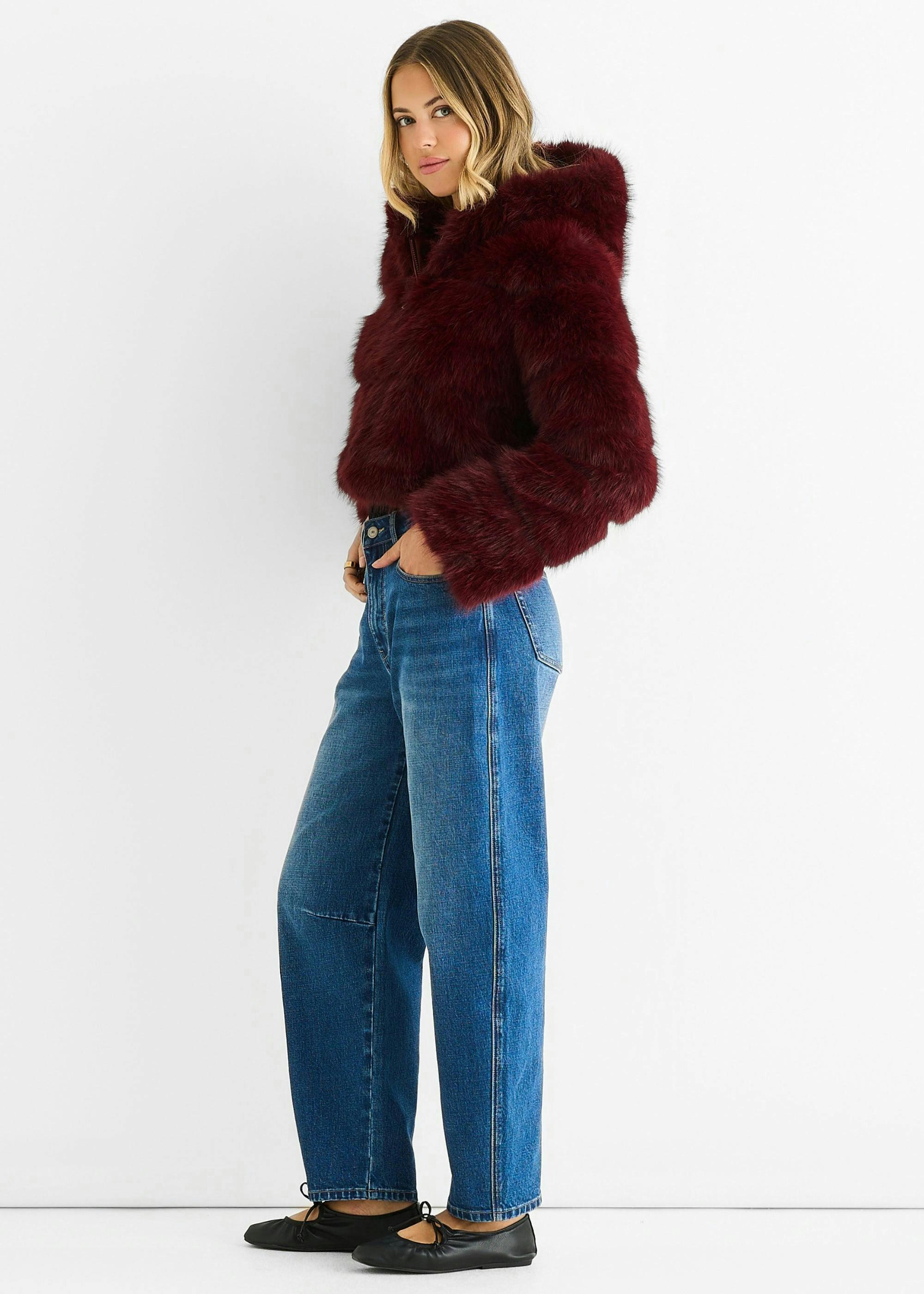 Burgundy Panel Faux Fur Zip Front Hooded Jacket , view 2 of 4