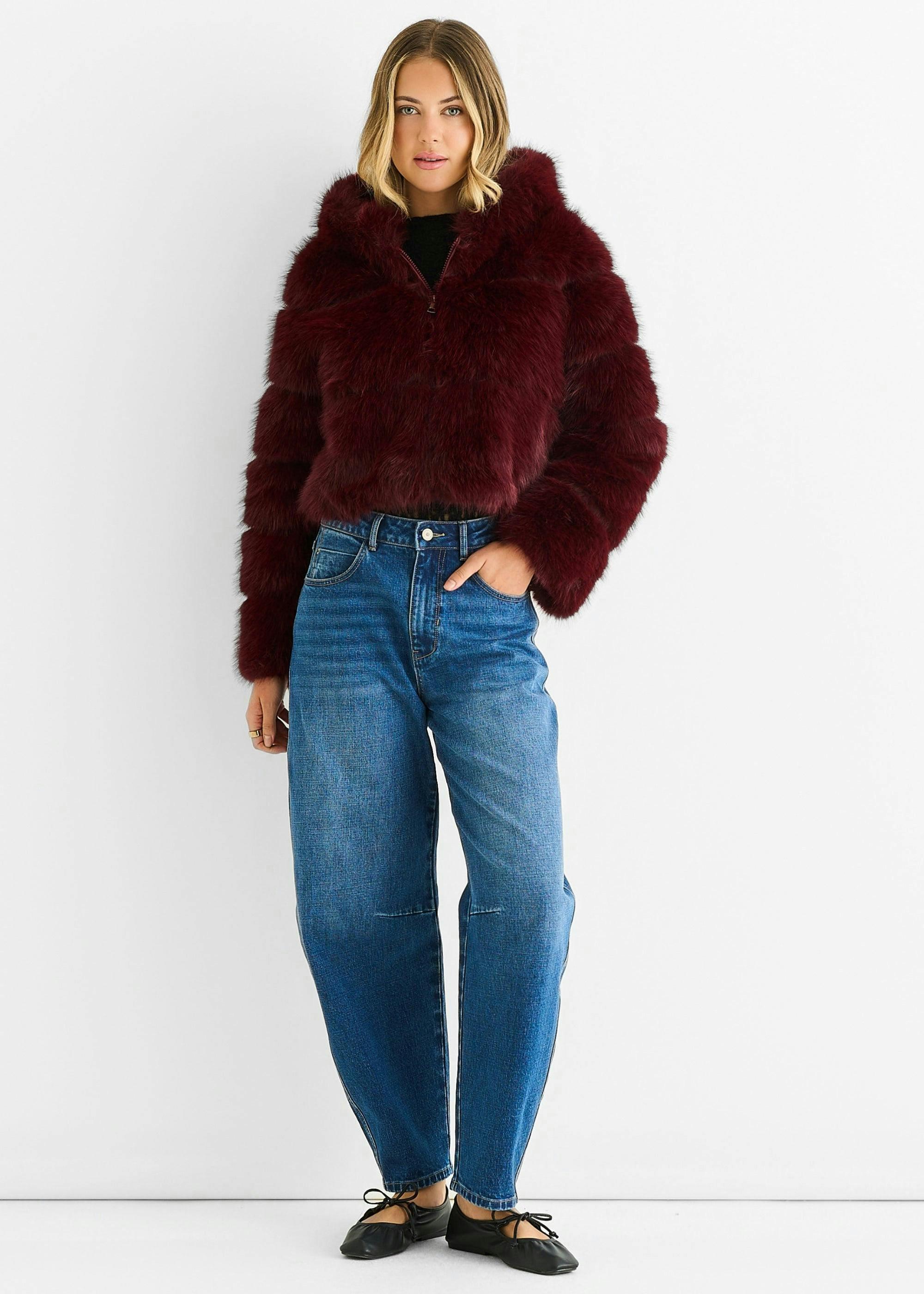 Burgundy Panel Faux Fur Zip Front Hooded Jacket , view 3 of 4