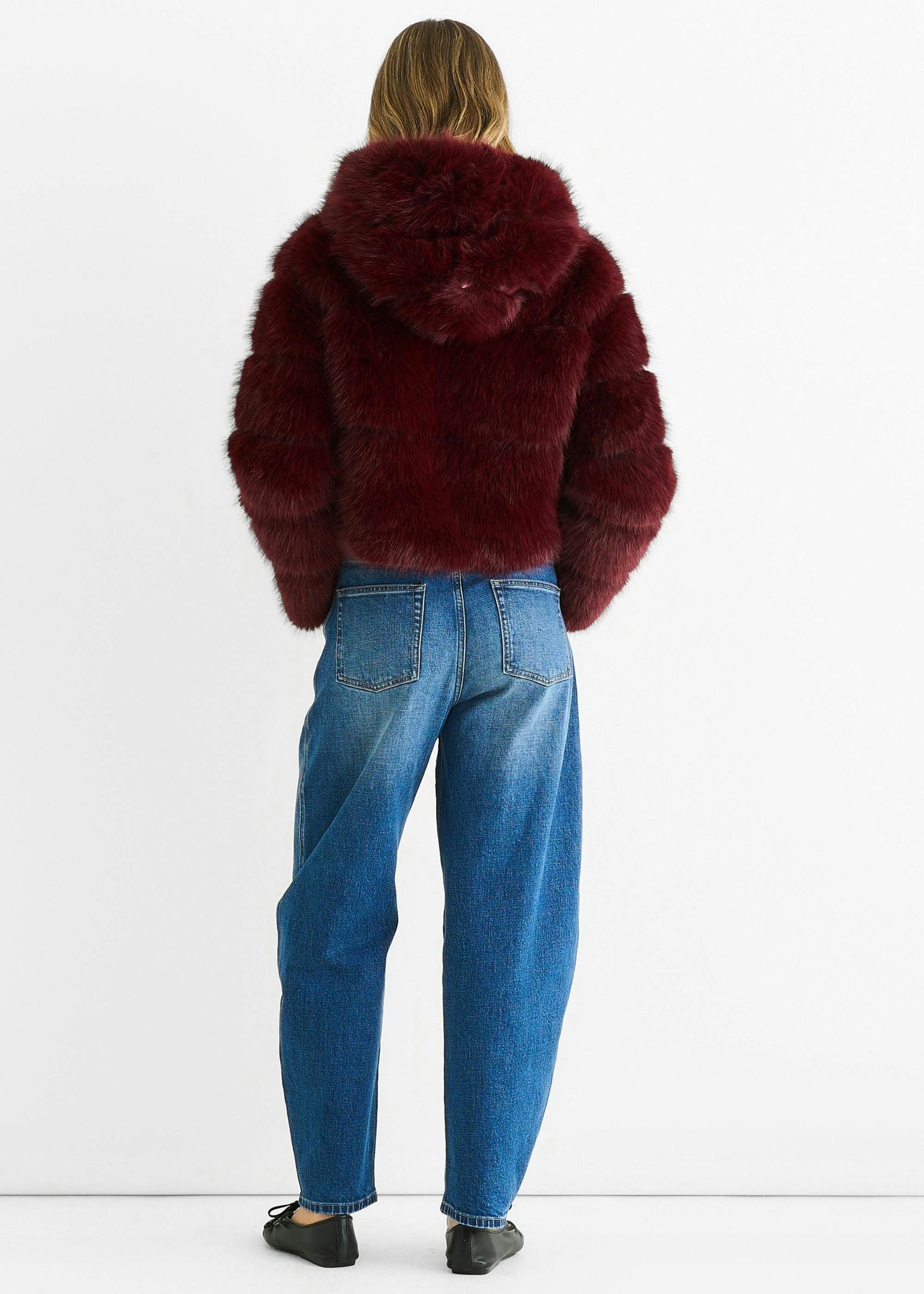 Burgundy Panel Faux Fur Zip Front Hooded Jacket , view 4 of 4