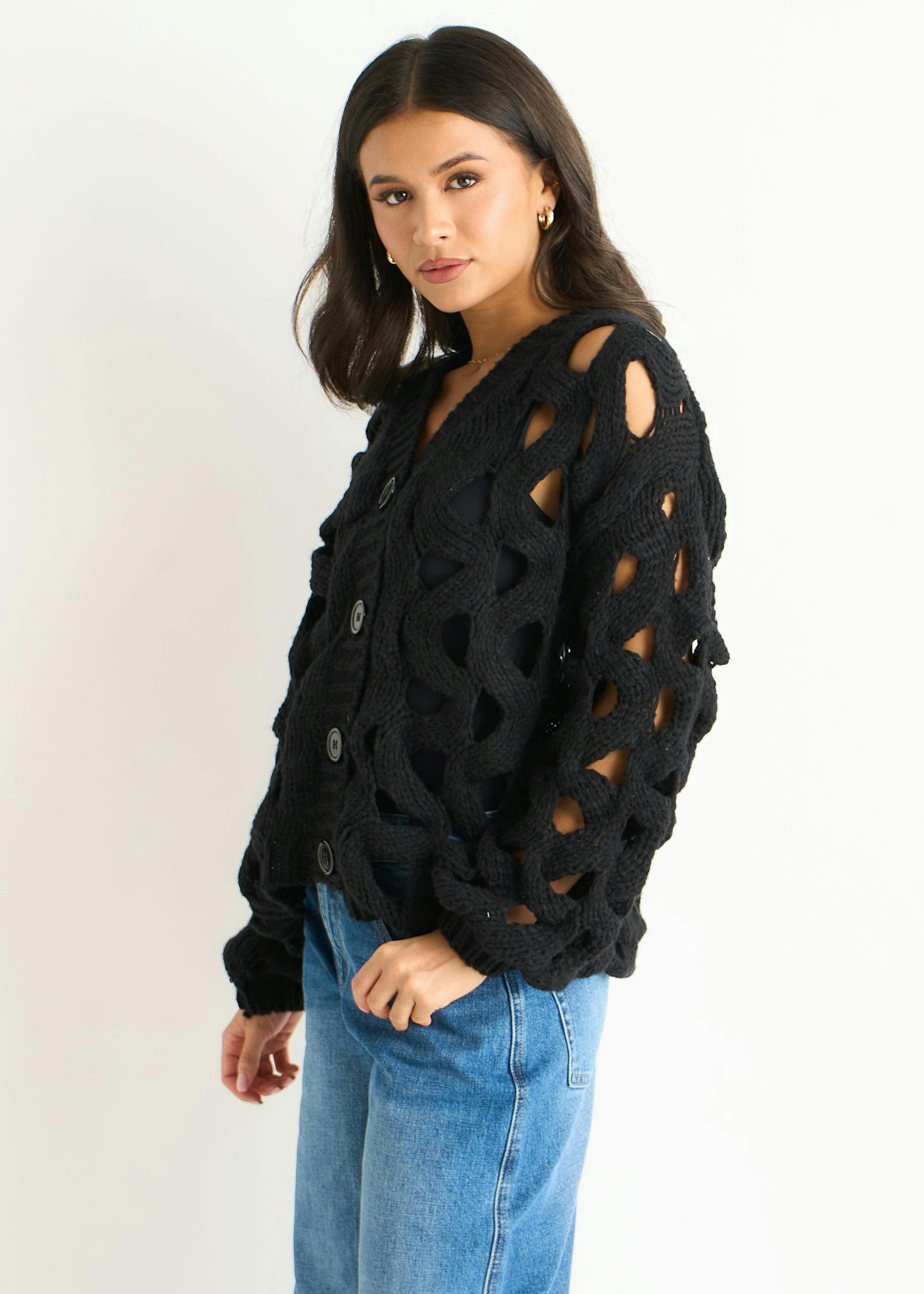 Black Hollow Chunky Knit Cardigan , view 2 of 4