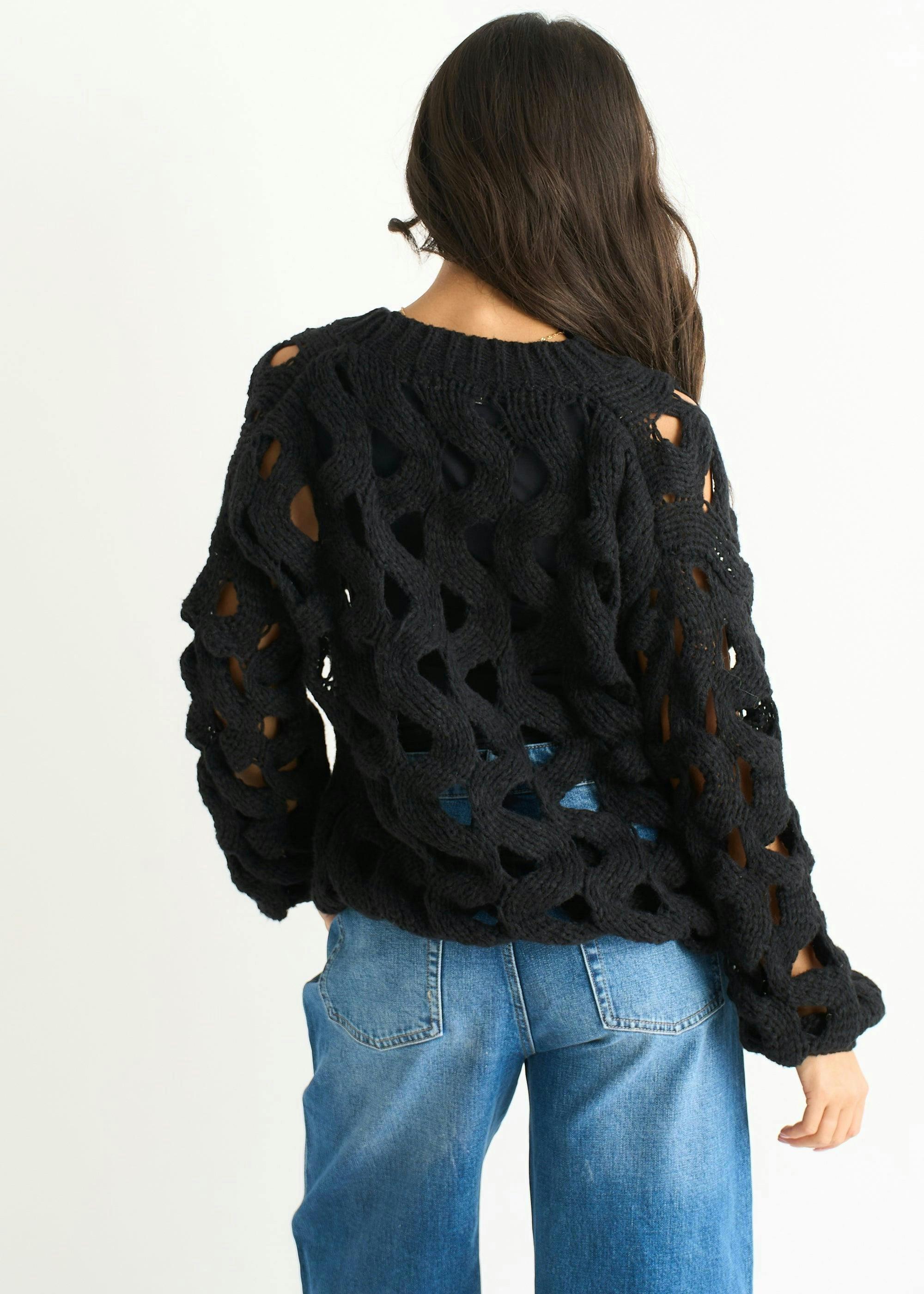 Black Hollow Chunky Knit Cardigan , view 3 of 4