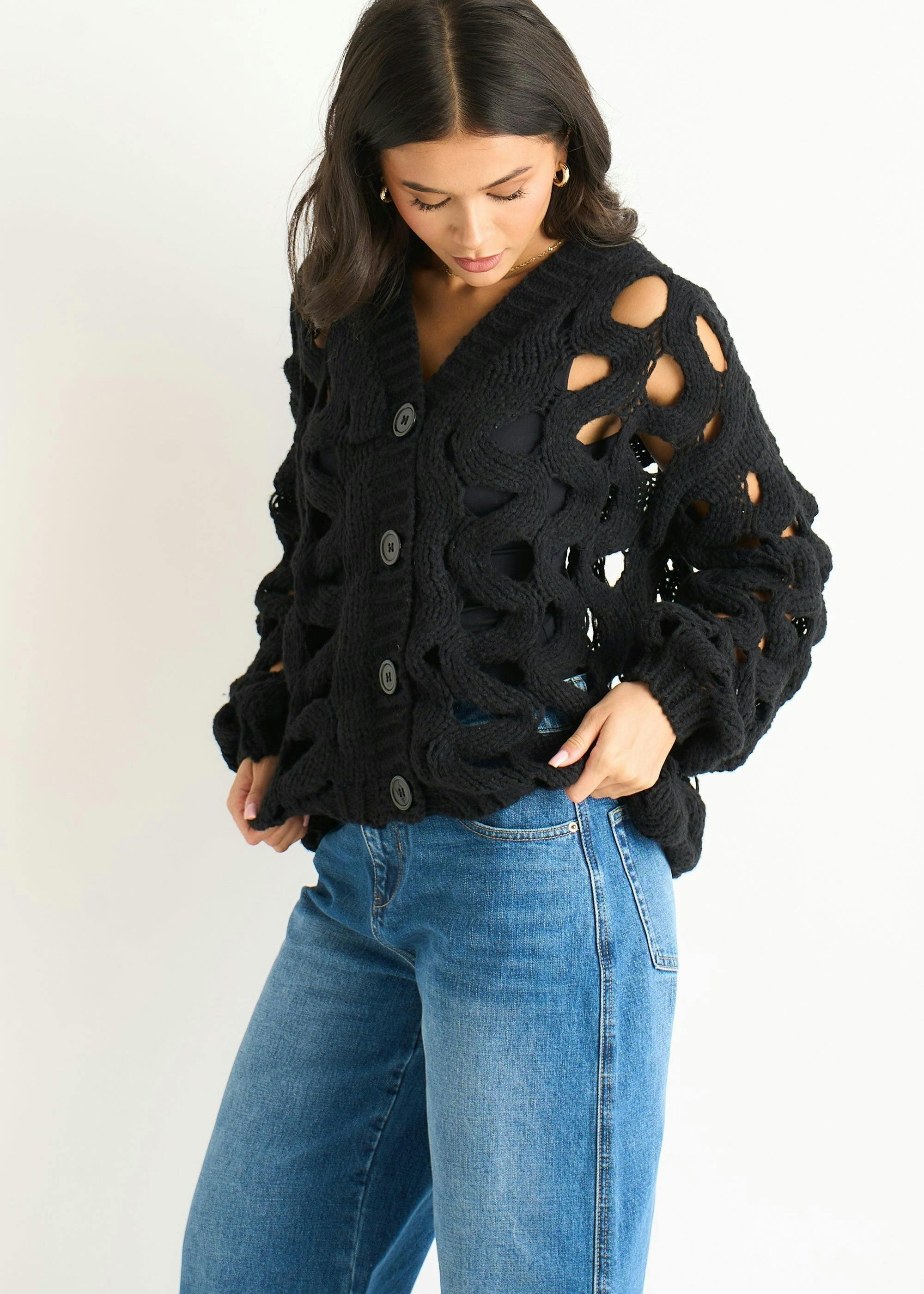 Black Hollow Chunky Knit Cardigan , view 4 of 4