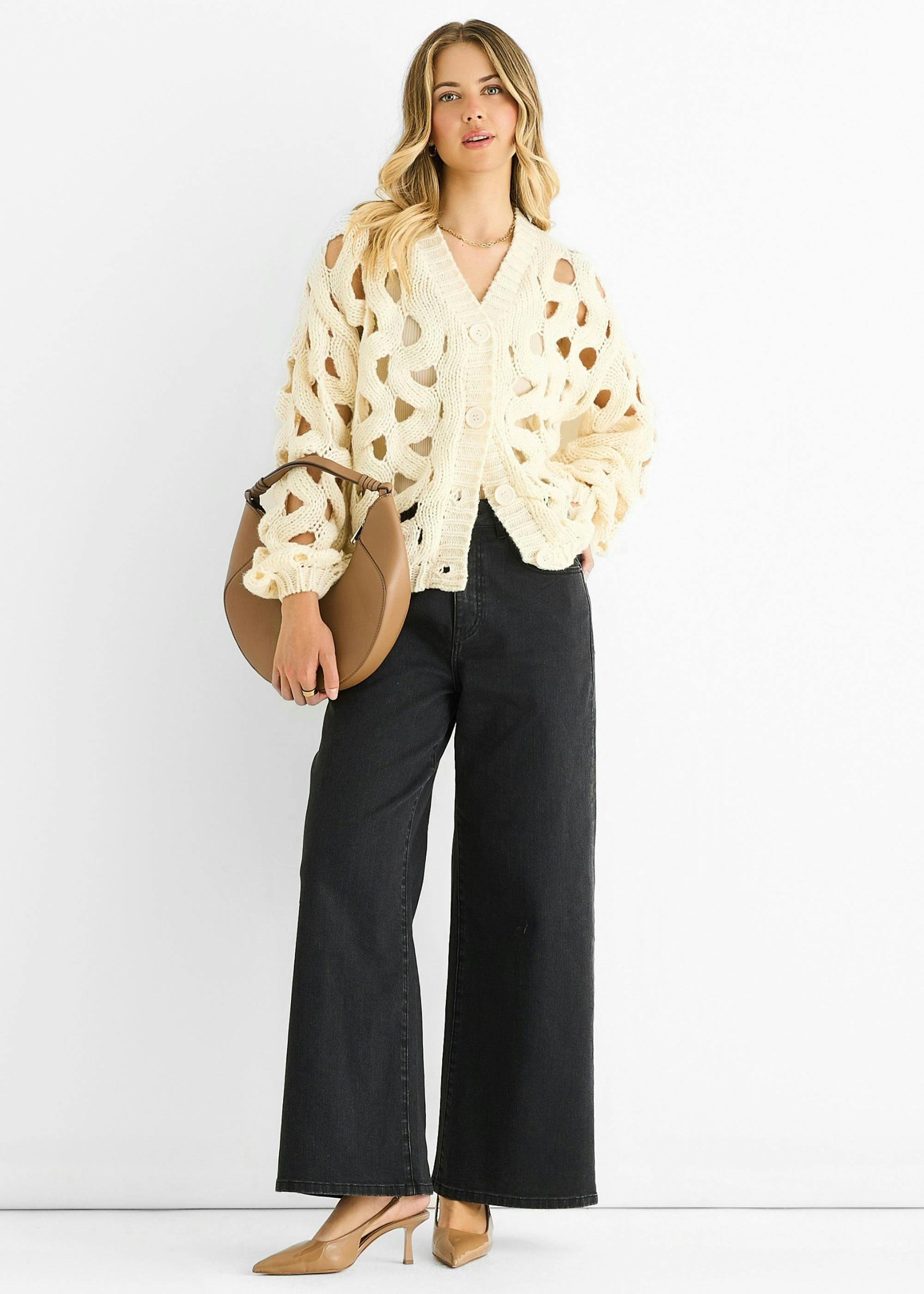 Cream Hollow Chunky Knit Cardigan , view 2 of 4
