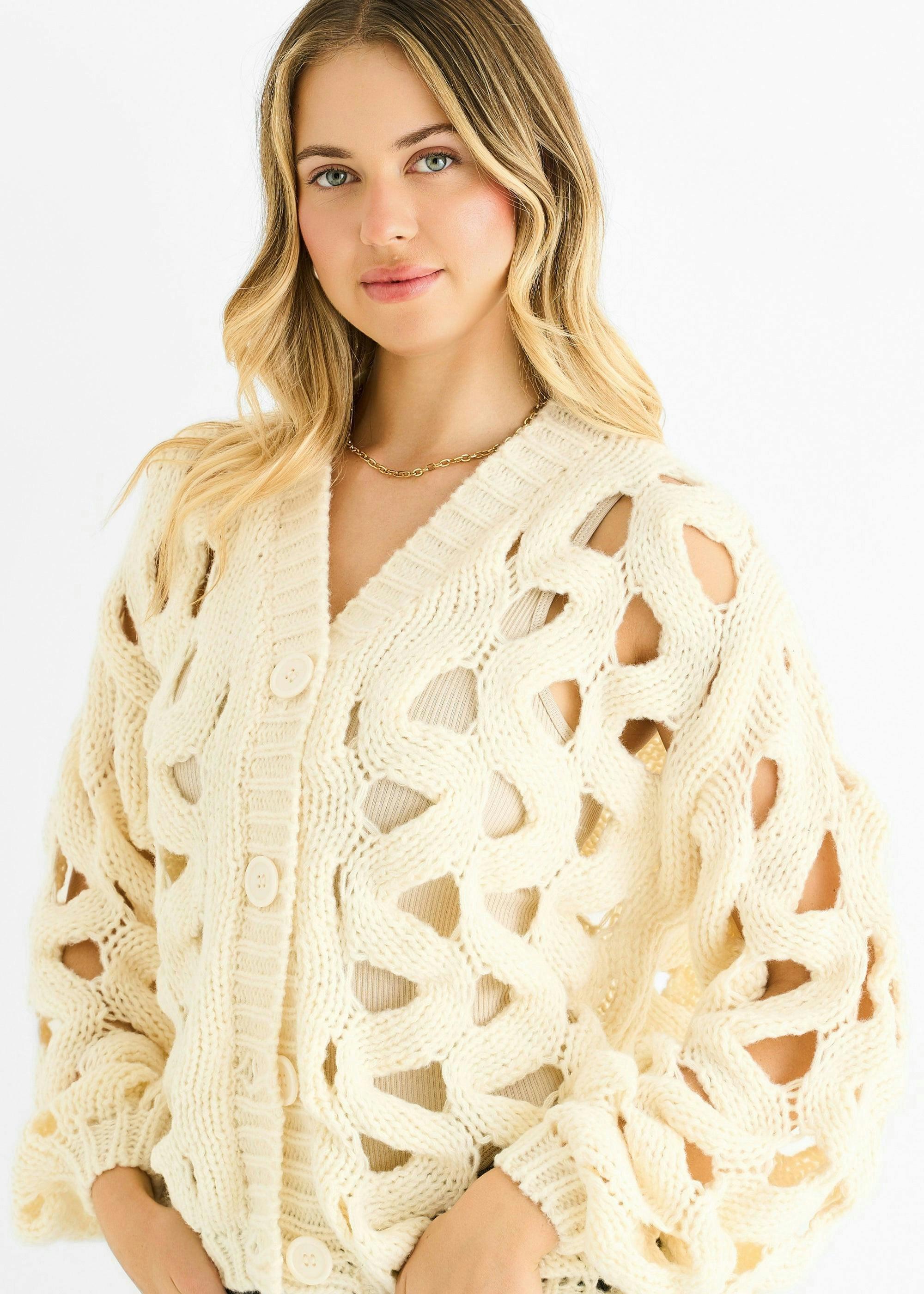 Cream Hollow Chunky Knit Cardigan , view 3 of 4