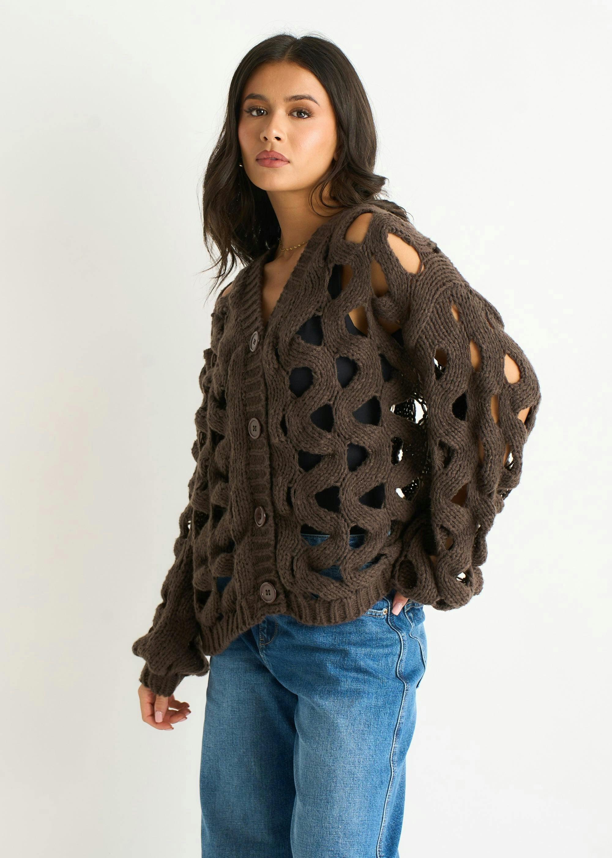 Chocolate Hollow Chunky Knit Cardigan , view 2 of 4