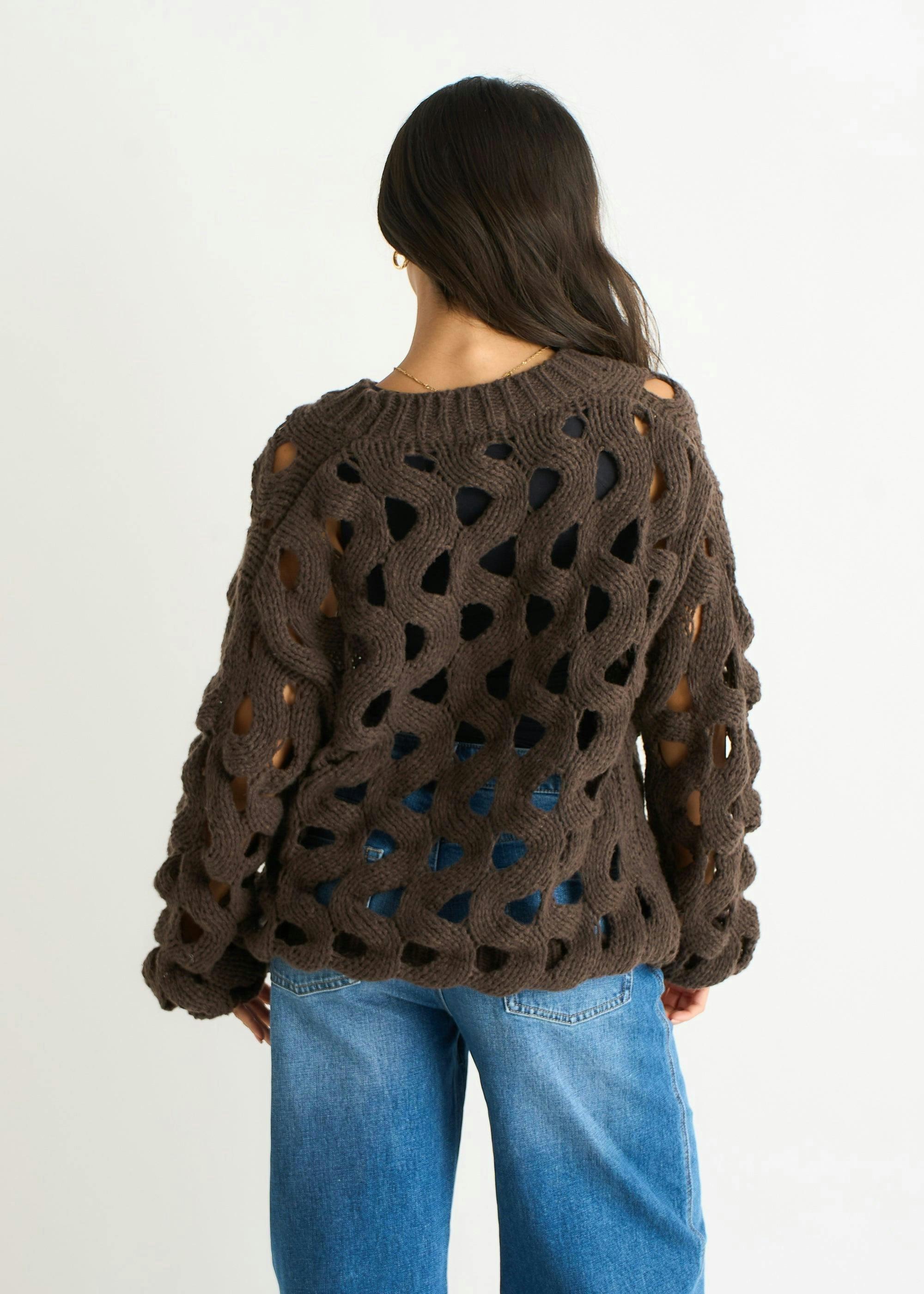 Chocolate Hollow Chunky Knit Cardigan , view 3 of 4