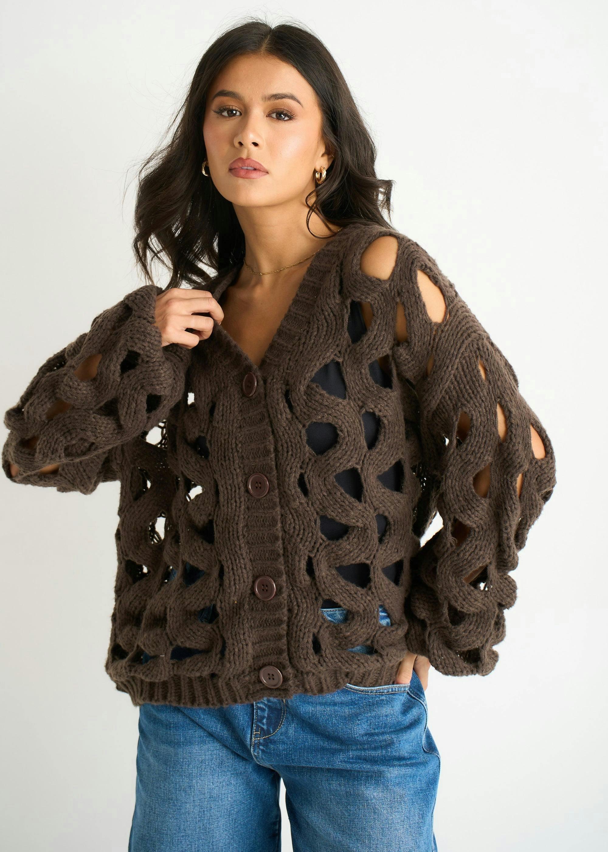 Chocolate Hollow Chunky Knit Cardigan , view 4 of 4