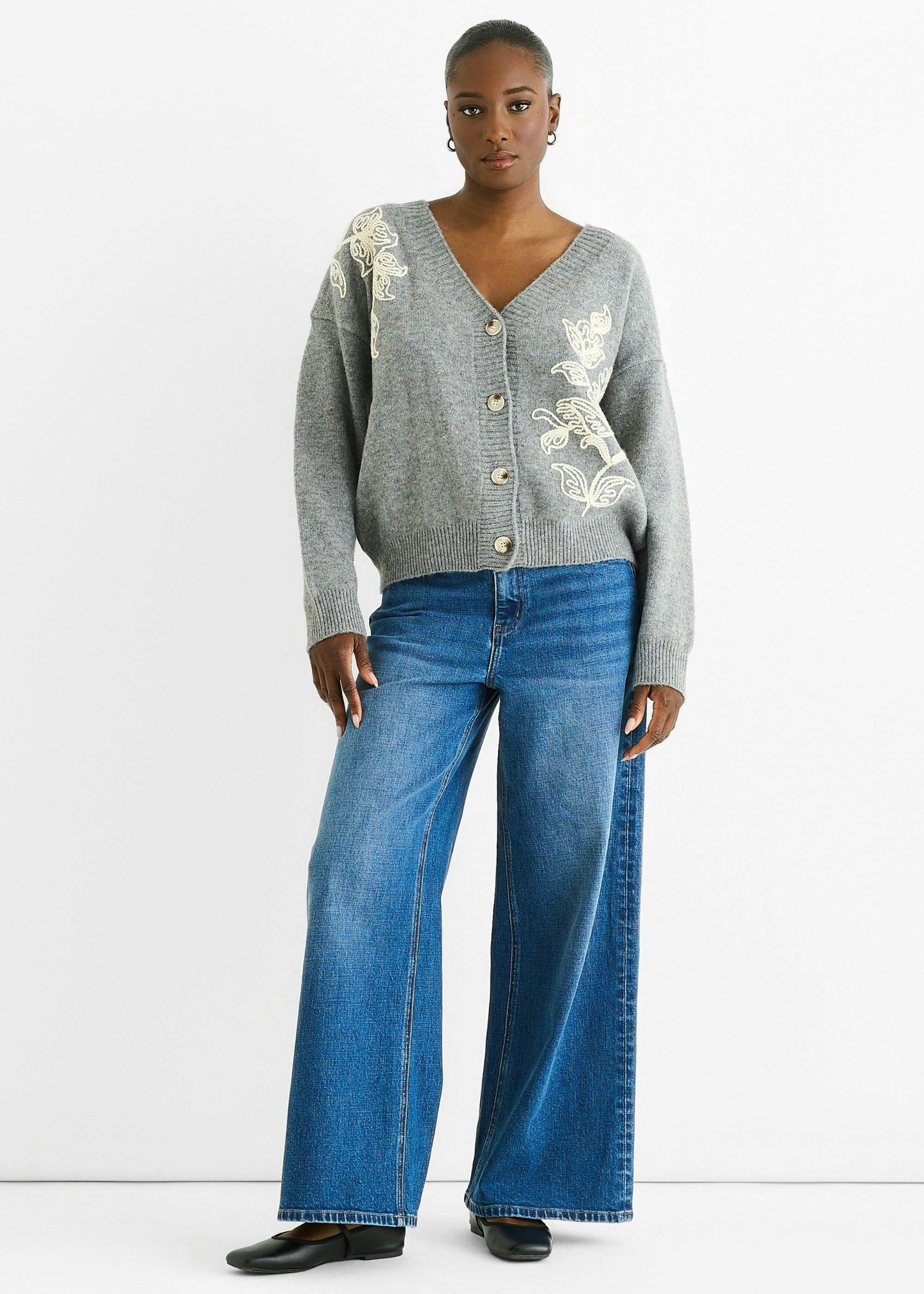 Grey Floral Appliqué Wool Mix Cardigan , view 2 of 4