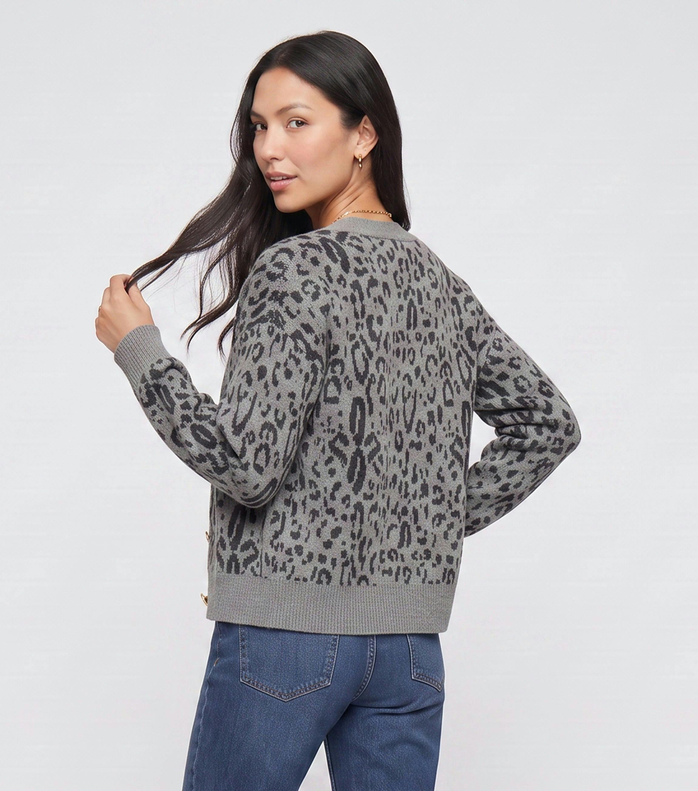Grey Animal Print Wool Mix Cardigan , view 2 of 4