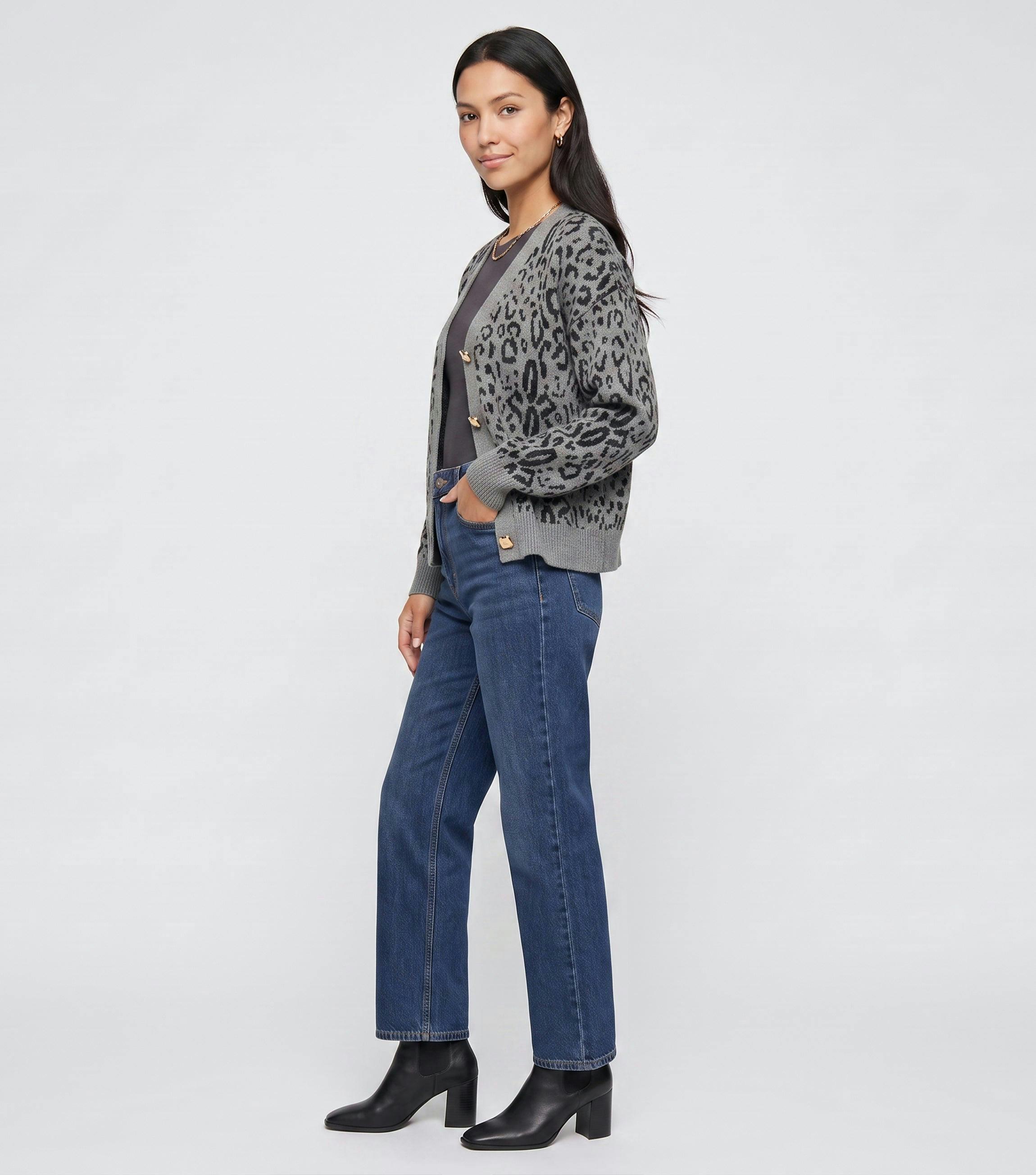 Grey Animal Print Wool Mix Cardigan , view 3 of 4
