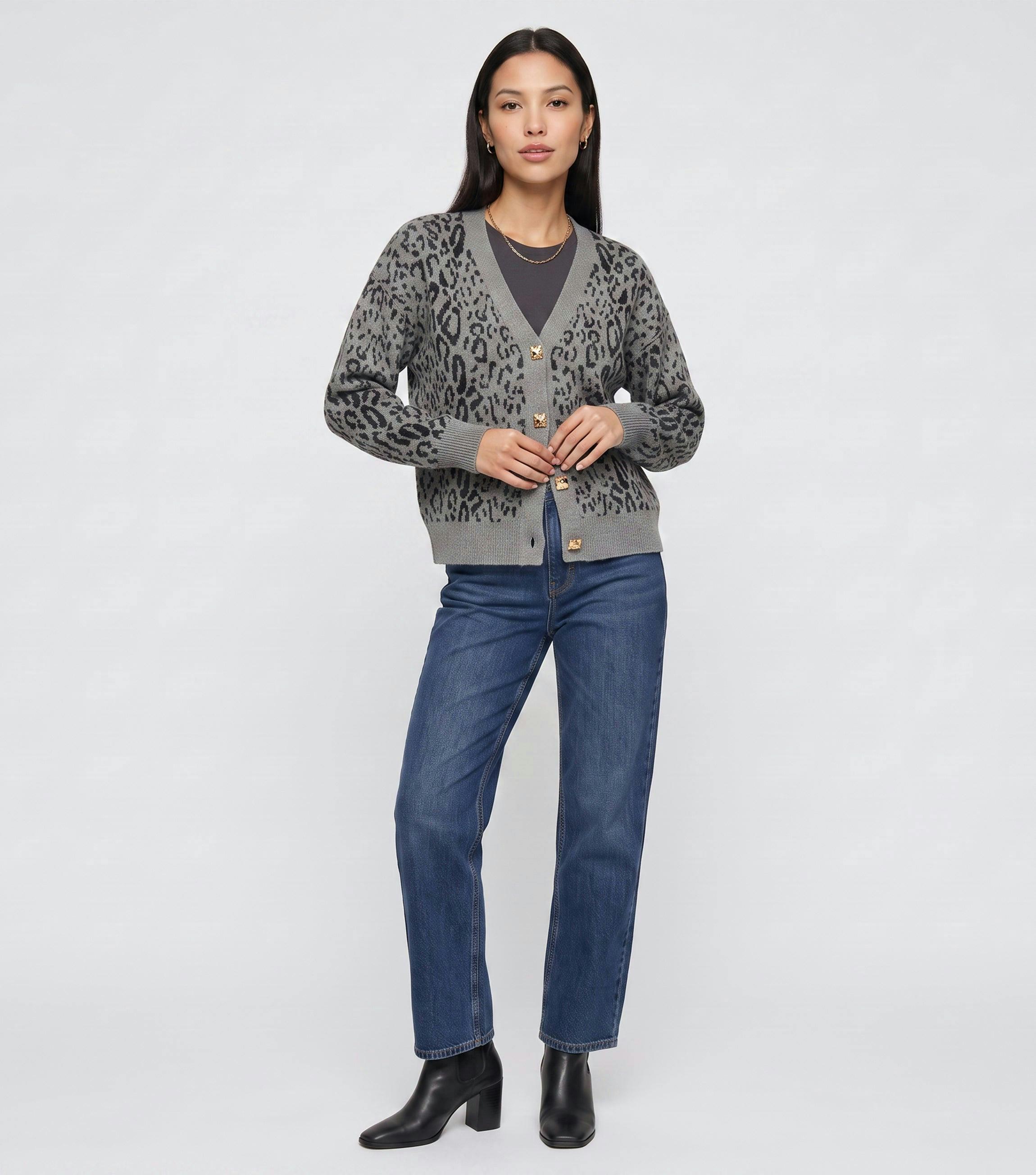 Grey Animal Print Wool Mix Cardigan , view 4 of 4