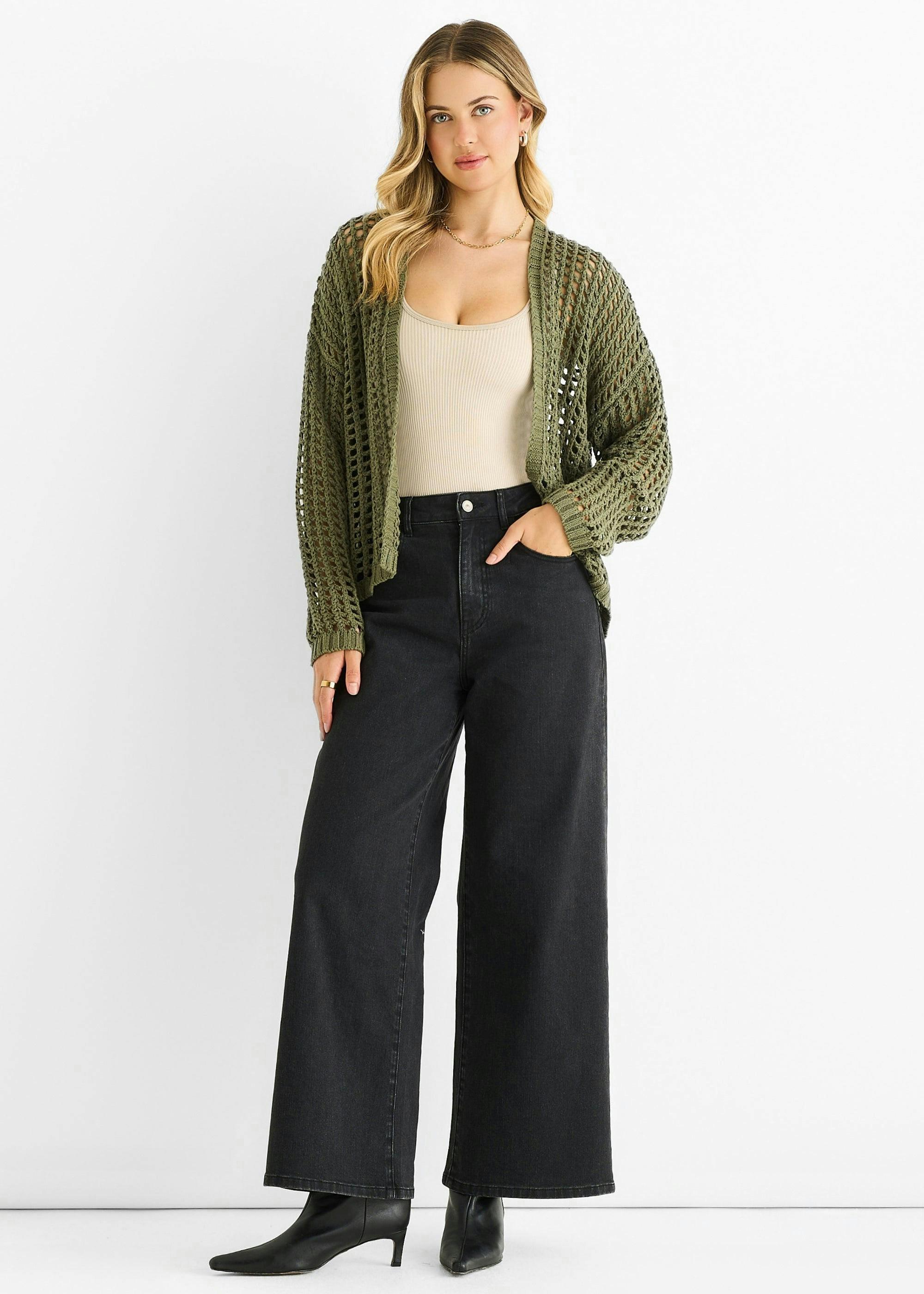 Khaki Open Knit Edge to Edge Cardigan , view 2 of 4