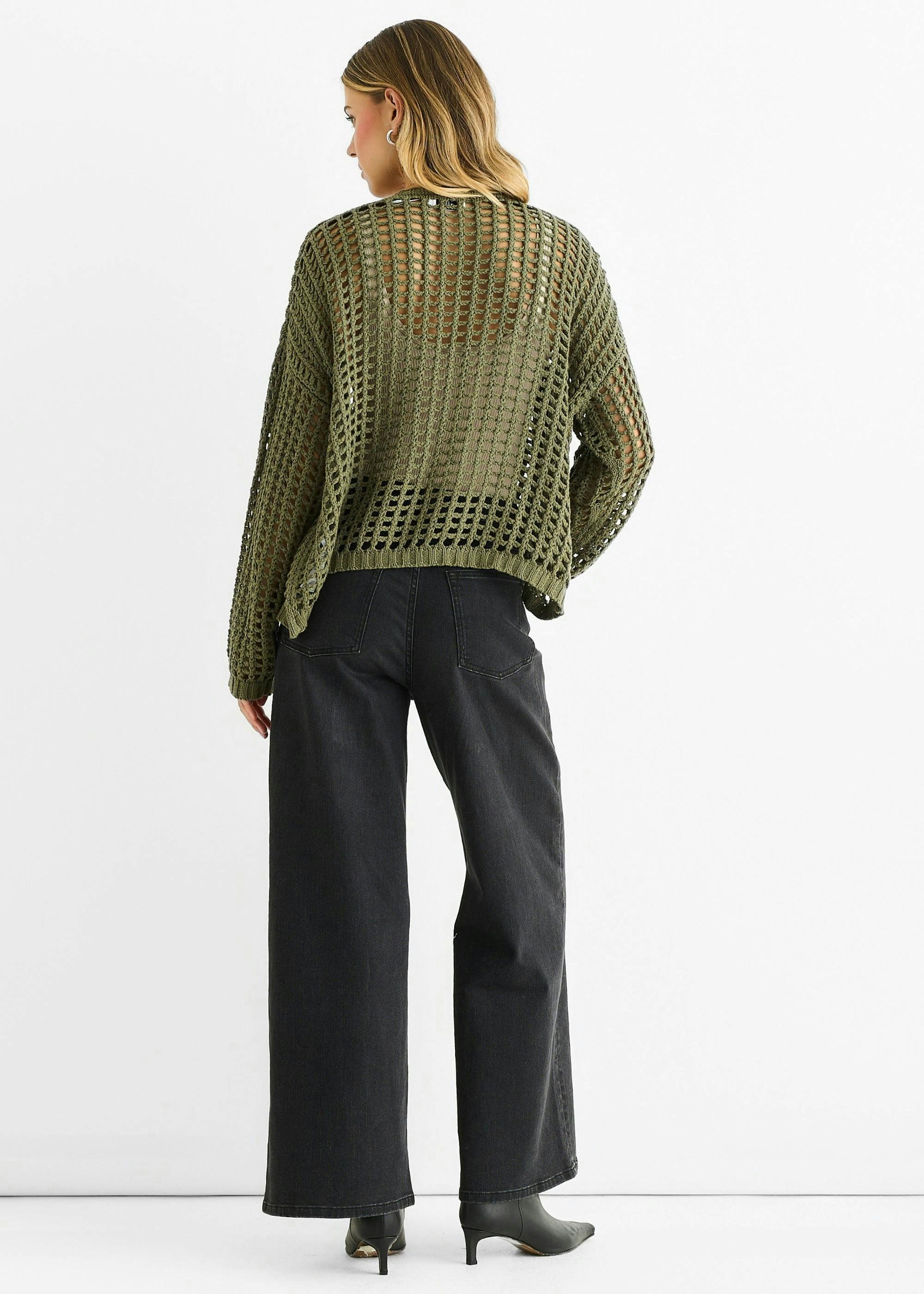 Khaki Open Knit Edge to Edge Cardigan , view 3 of 4