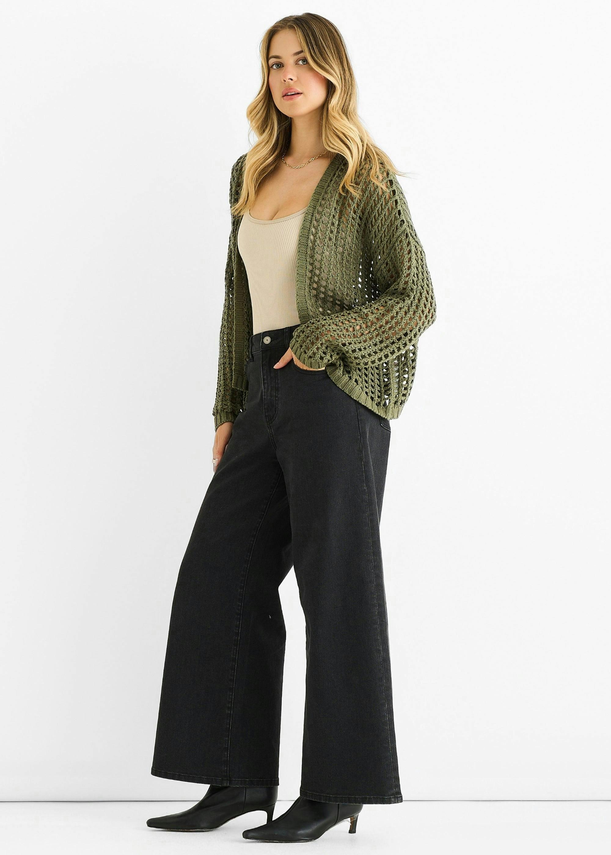 Khaki Open Knit Edge to Edge Cardigan , view 4 of 4