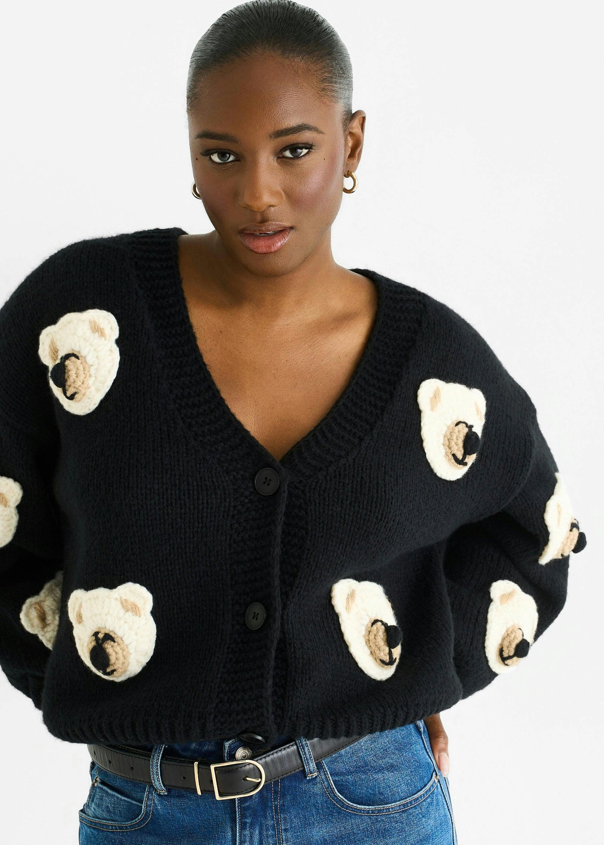 Black 3D Contrast Teddy Crochet Cardigan , view 2 of 4