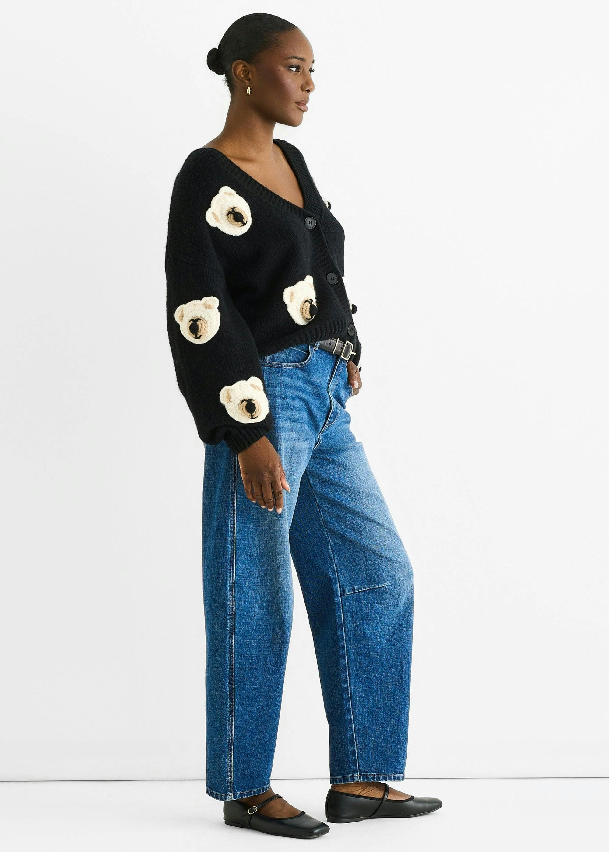 Black 3D Contrast Teddy Crochet Cardigan , view 3 of 4
