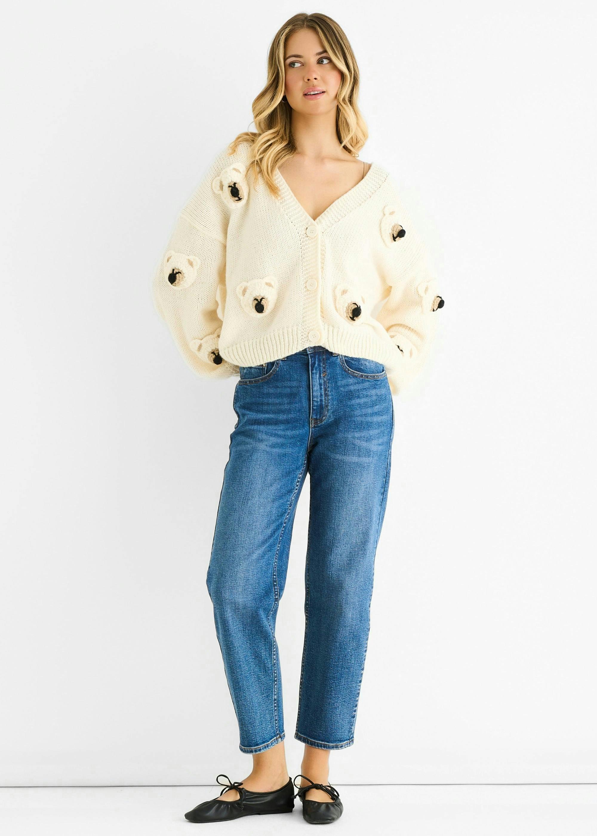 Cream 3D Contrast Teddy Crochet Cardigan , view 2 of 4