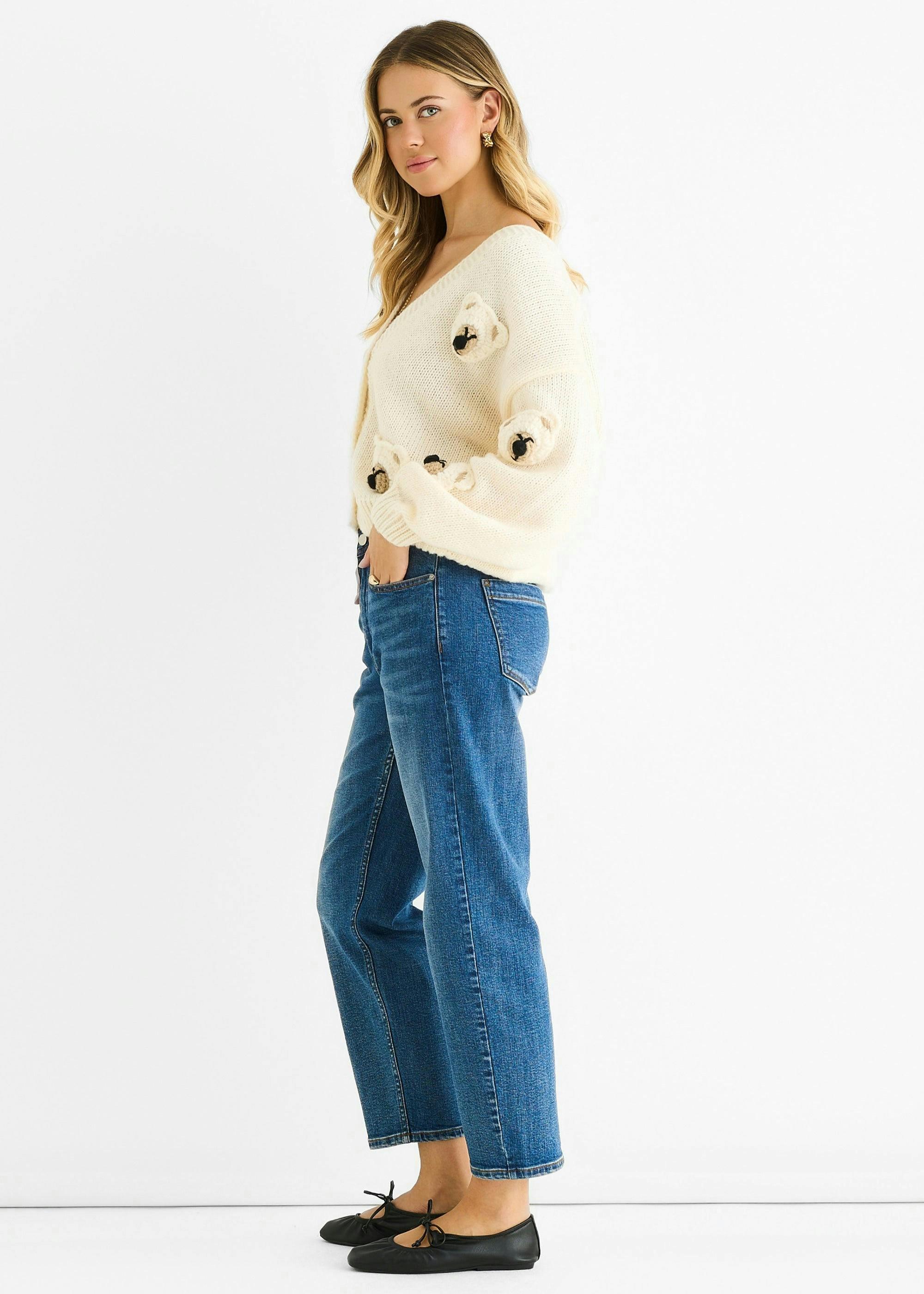 Cream 3D Contrast Teddy Crochet Cardigan , view 3 of 4