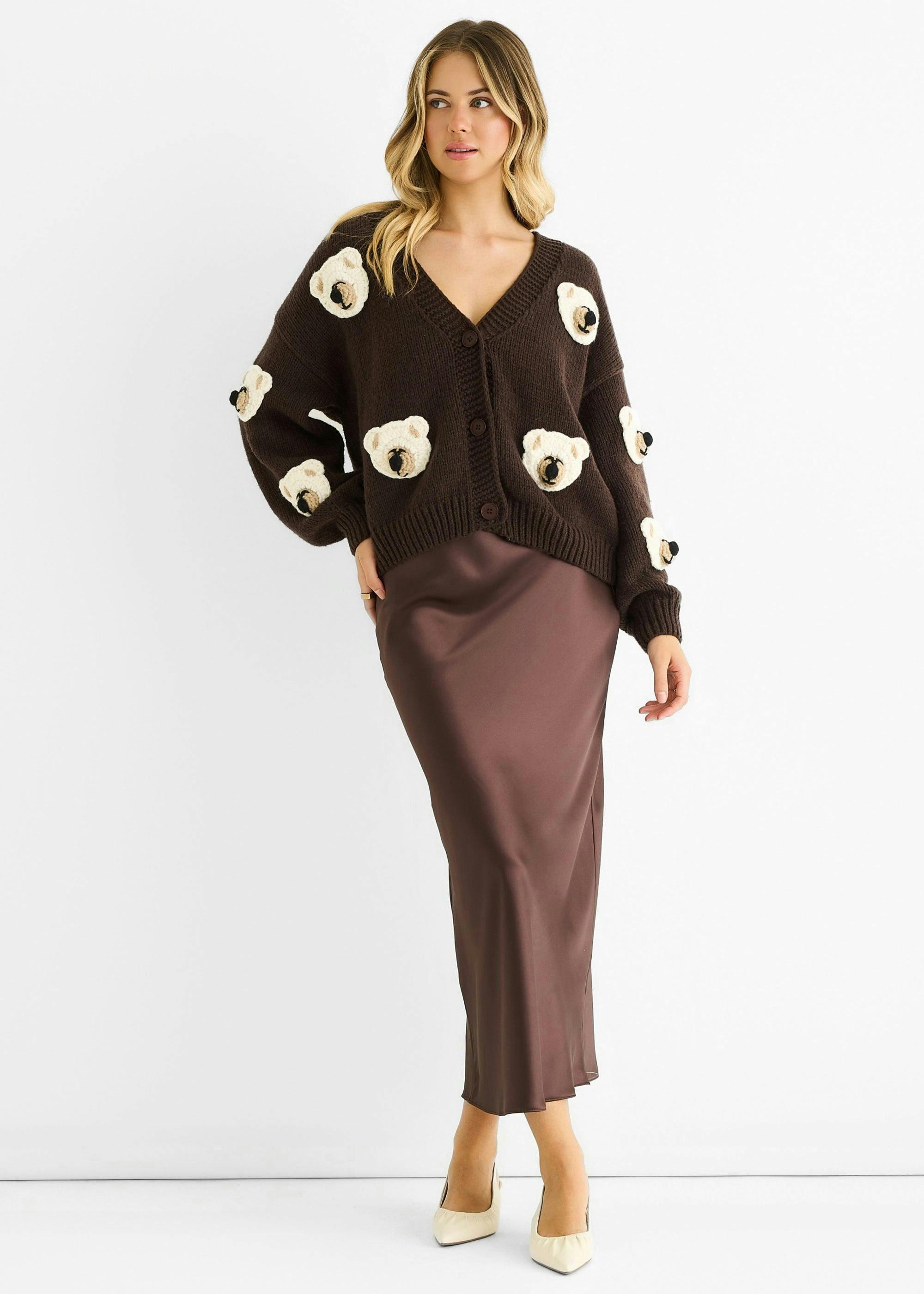 Chocolate 3D Contrast Teddy Crochet Cardigan , view 2 of 4