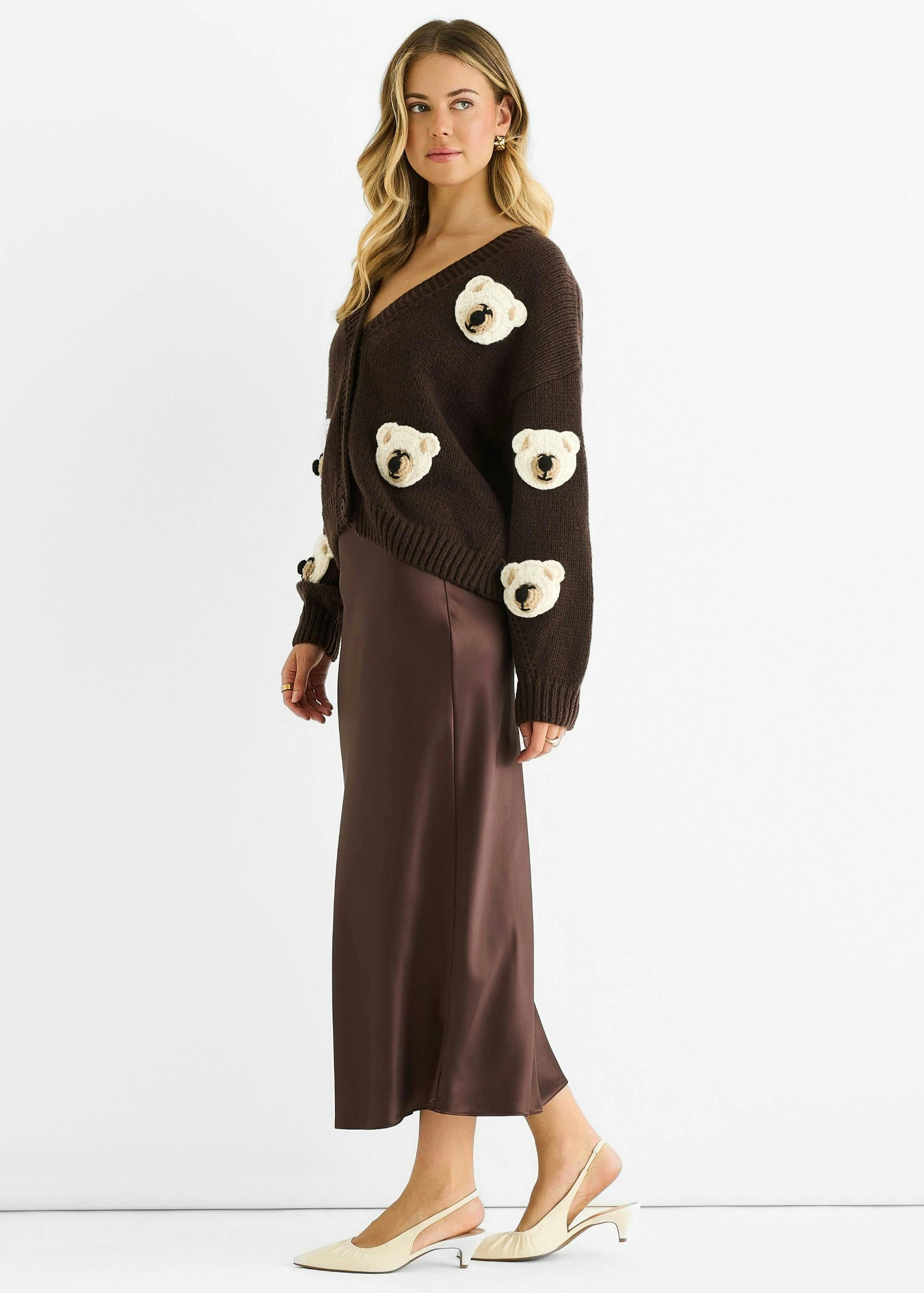 Chocolate 3D Contrast Teddy Crochet Cardigan , view 3 of 4