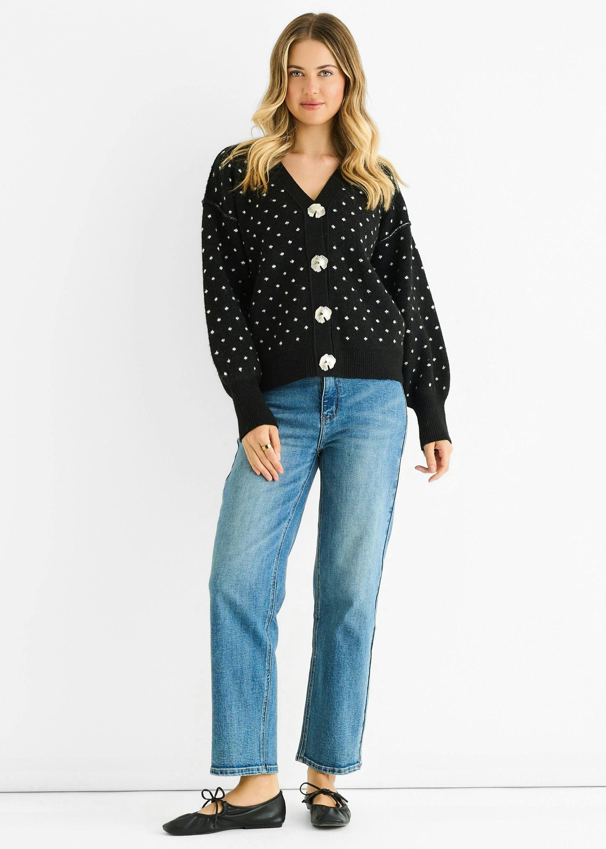 Black Spot Print Button Cardigan Look Jumper , view 2 of 4