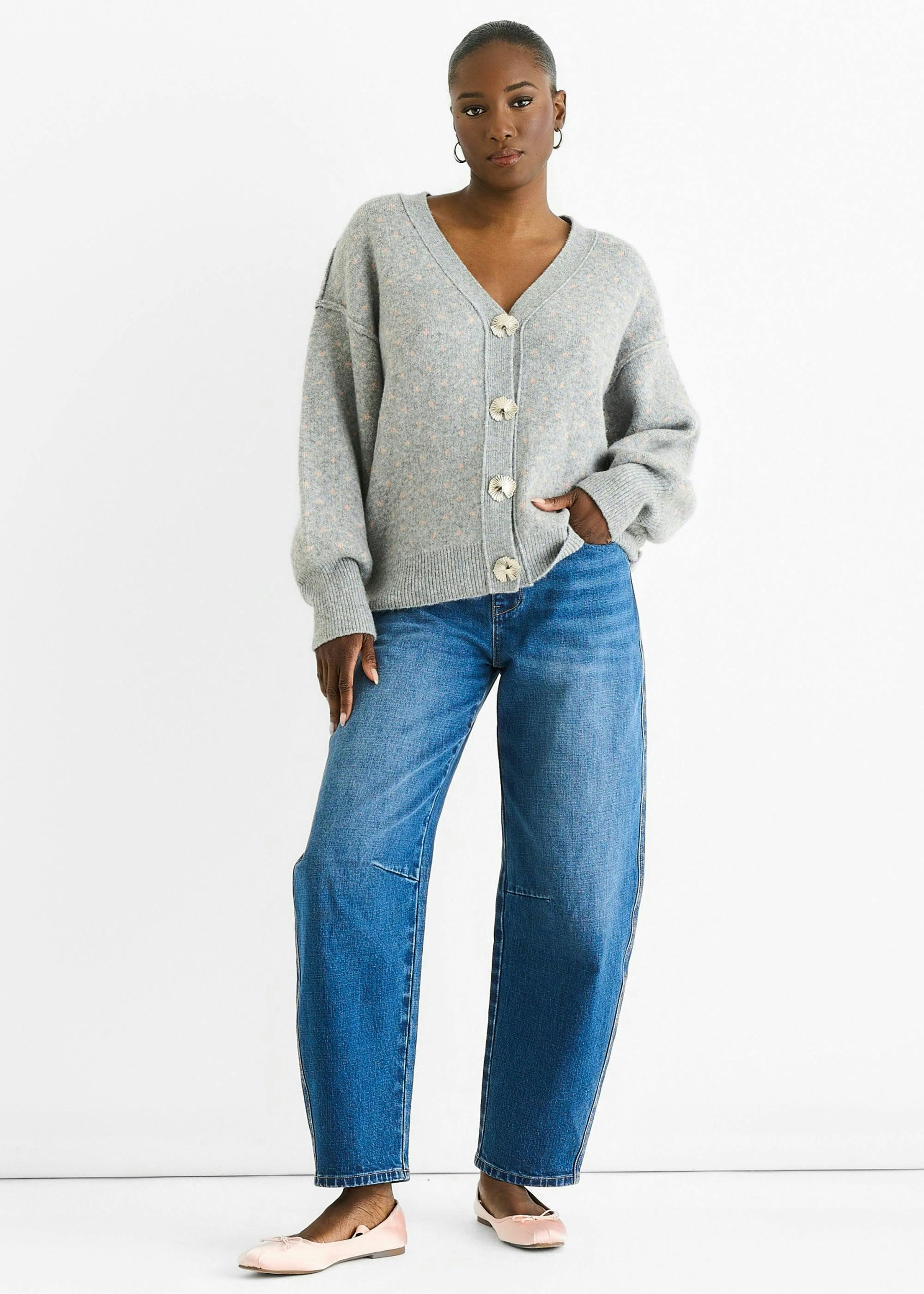 Grey Spot Print Button Cardigan Look Jumper , view 2 of 4