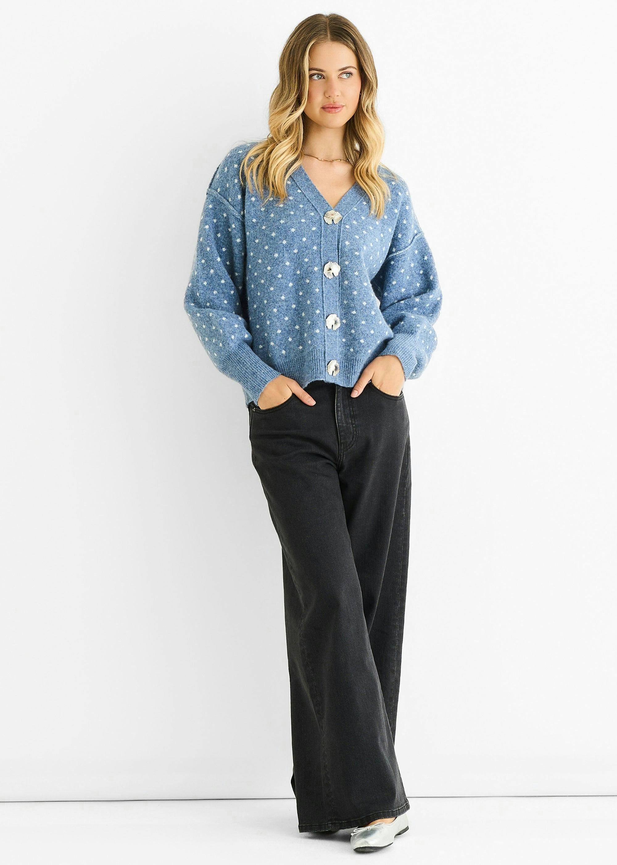 Blue Spot Print Button Cardigan Look Jumper , view 2 of 4