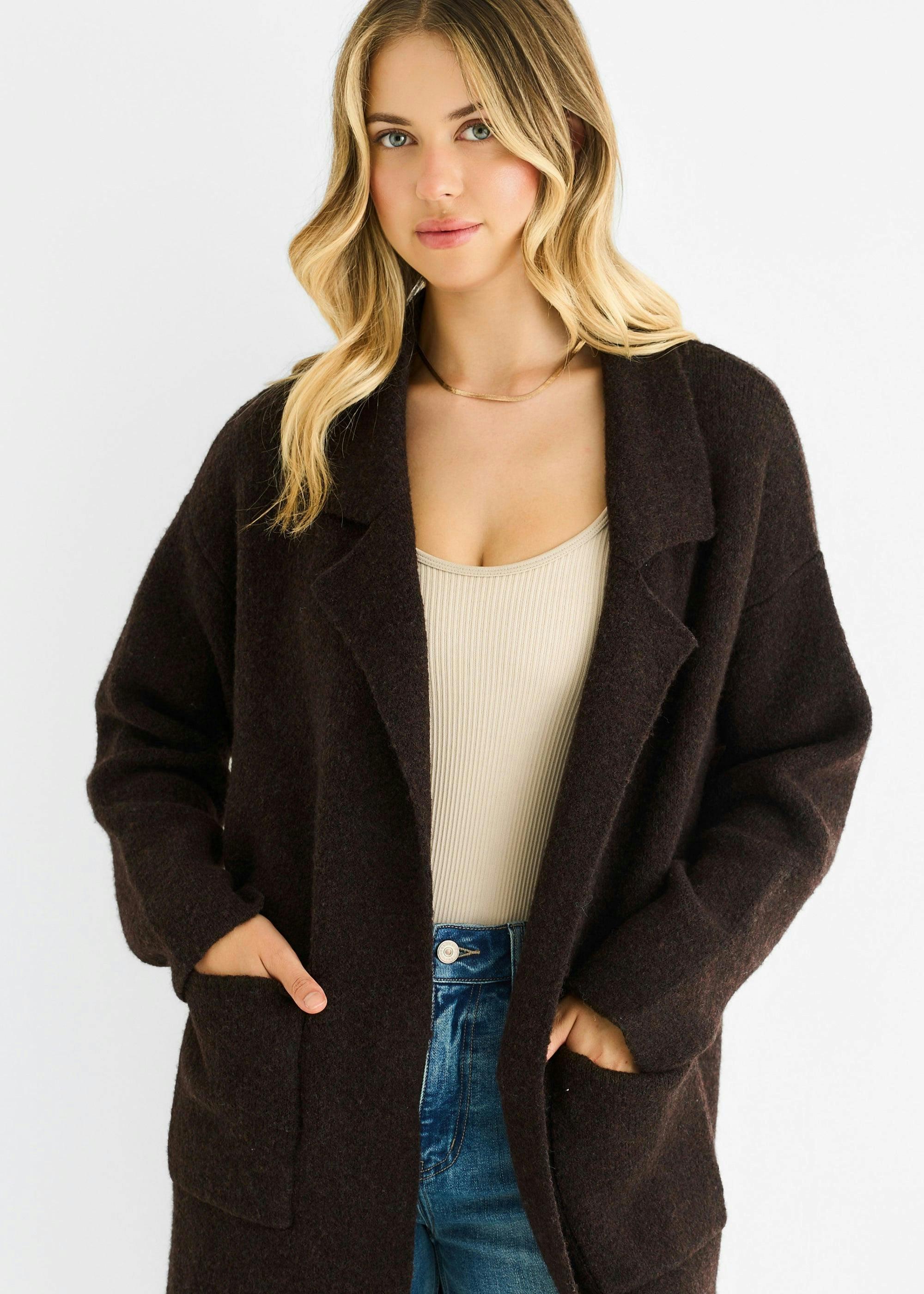 Chocolate Wool Mix Longline Edge to Edge Cardigan , view 3 of 4