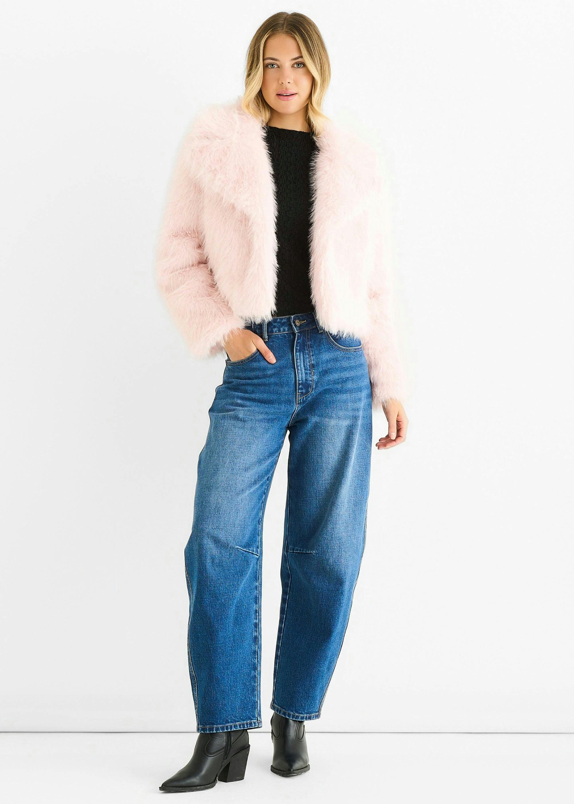 Pink Faux Fur Lapel Short Jacket , view 2 of 4