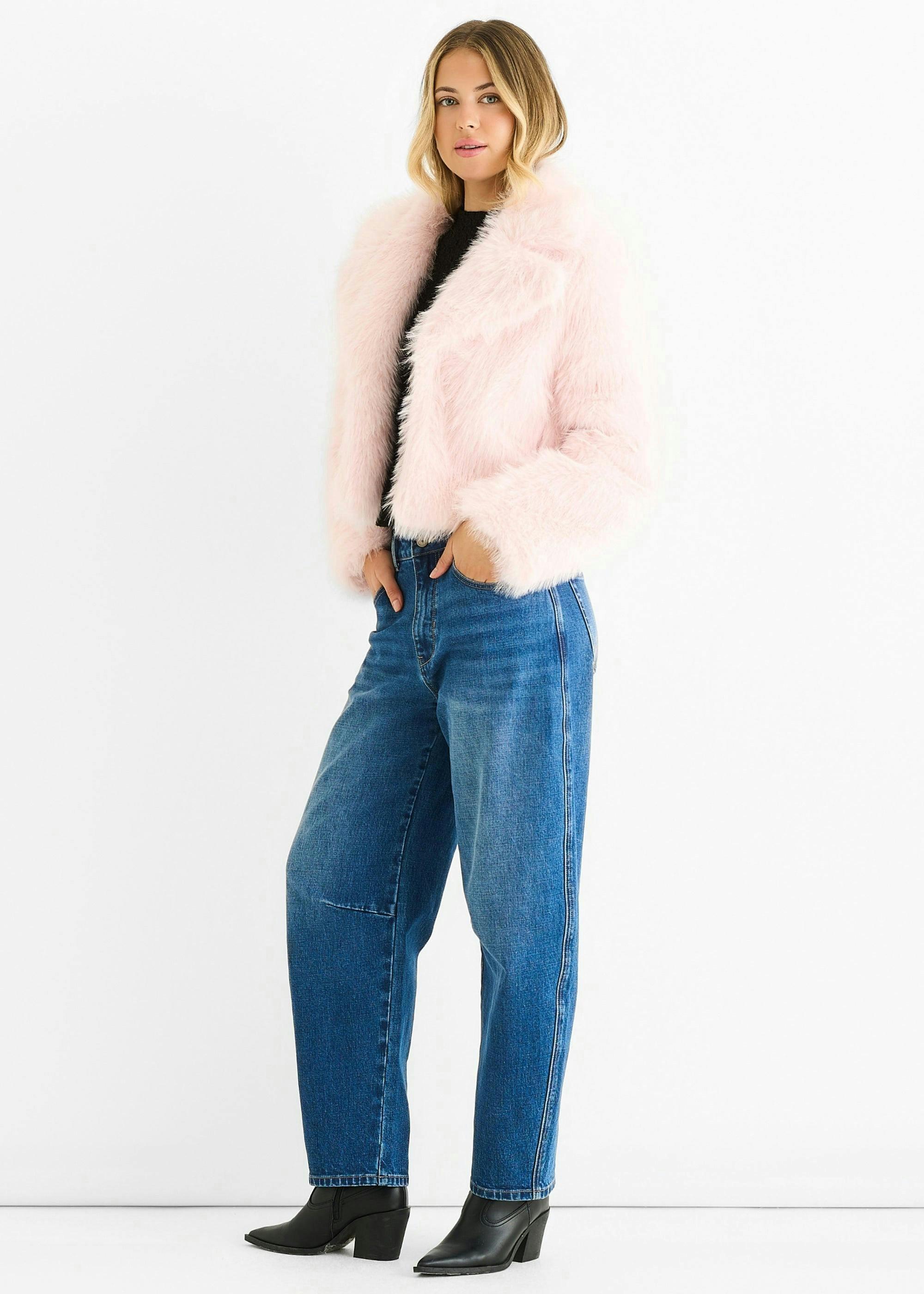 Pink Faux Fur Lapel Short Jacket , view 3 of 4